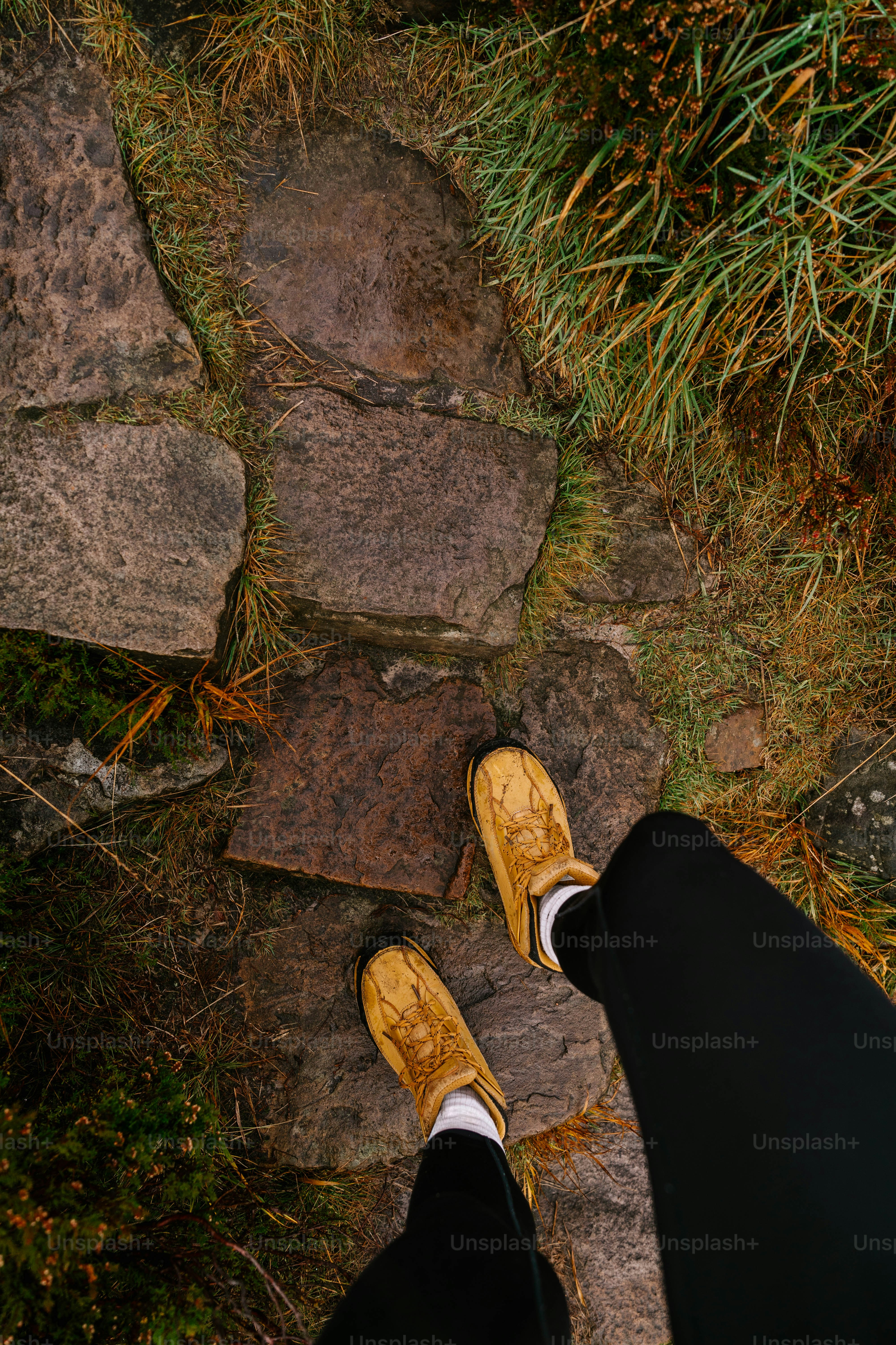 A person standing on top of a stone walkway