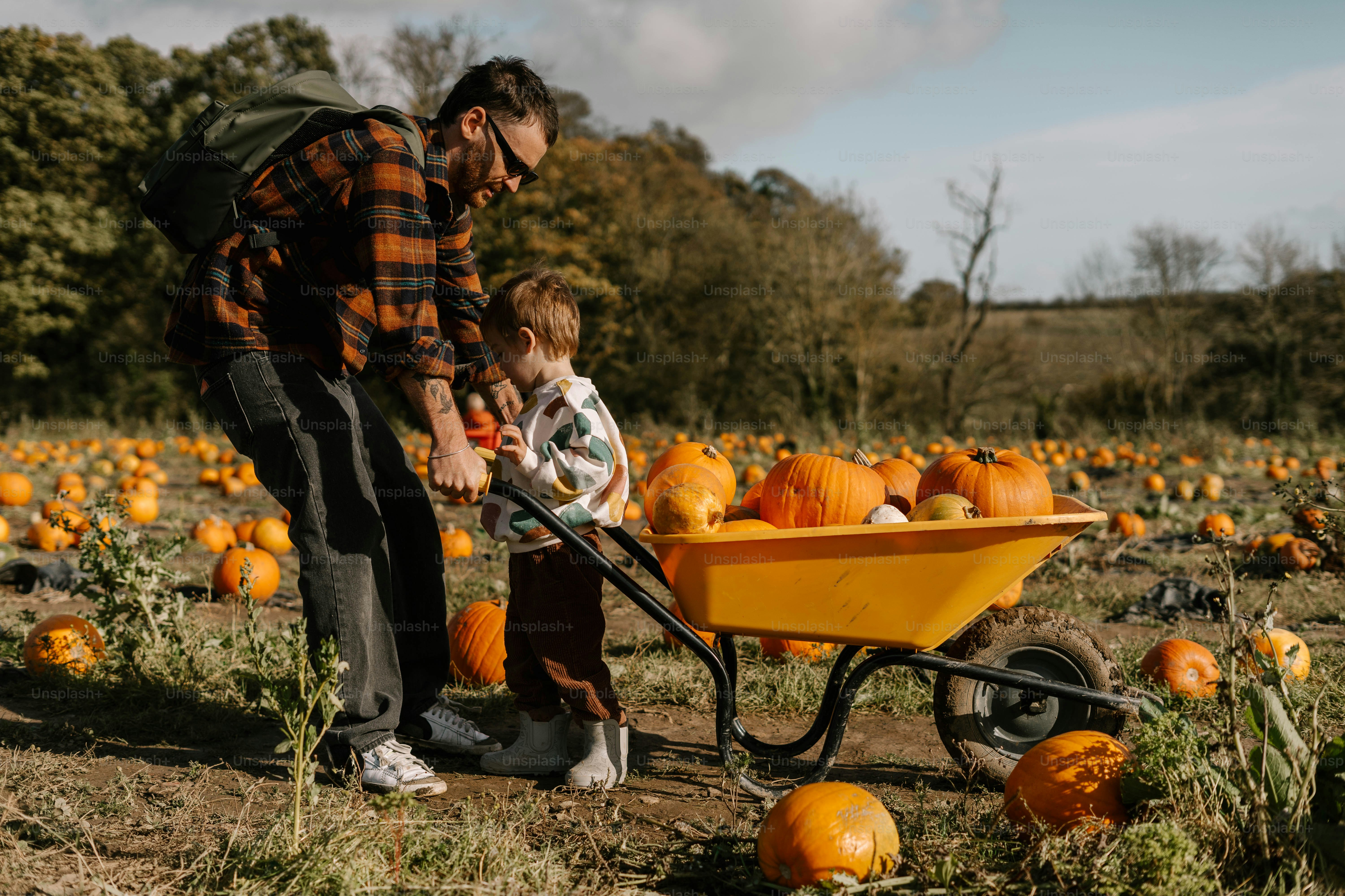 Un hombre empujando una carretilla con un niño dentro