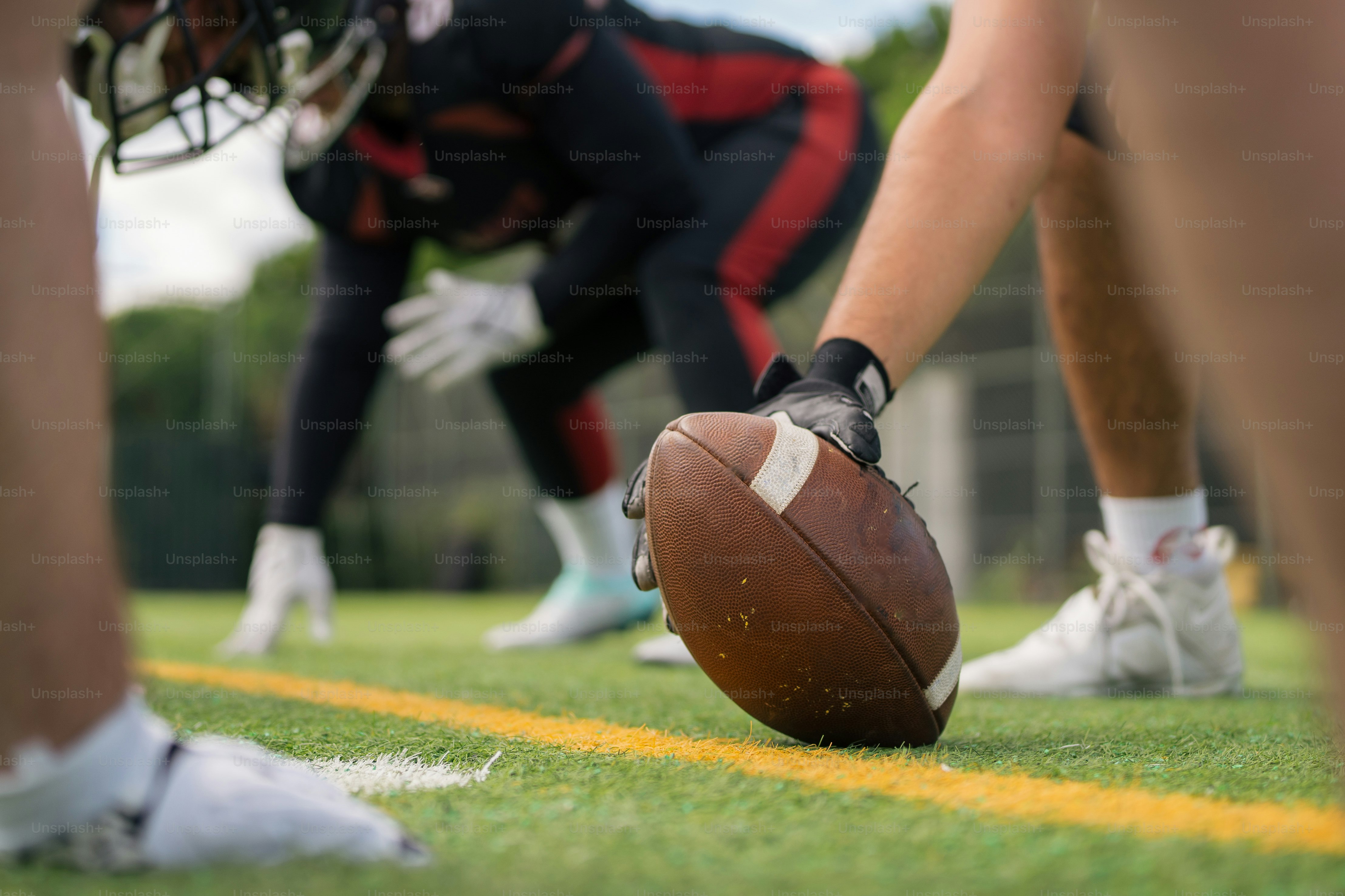 A close up of a football on the field