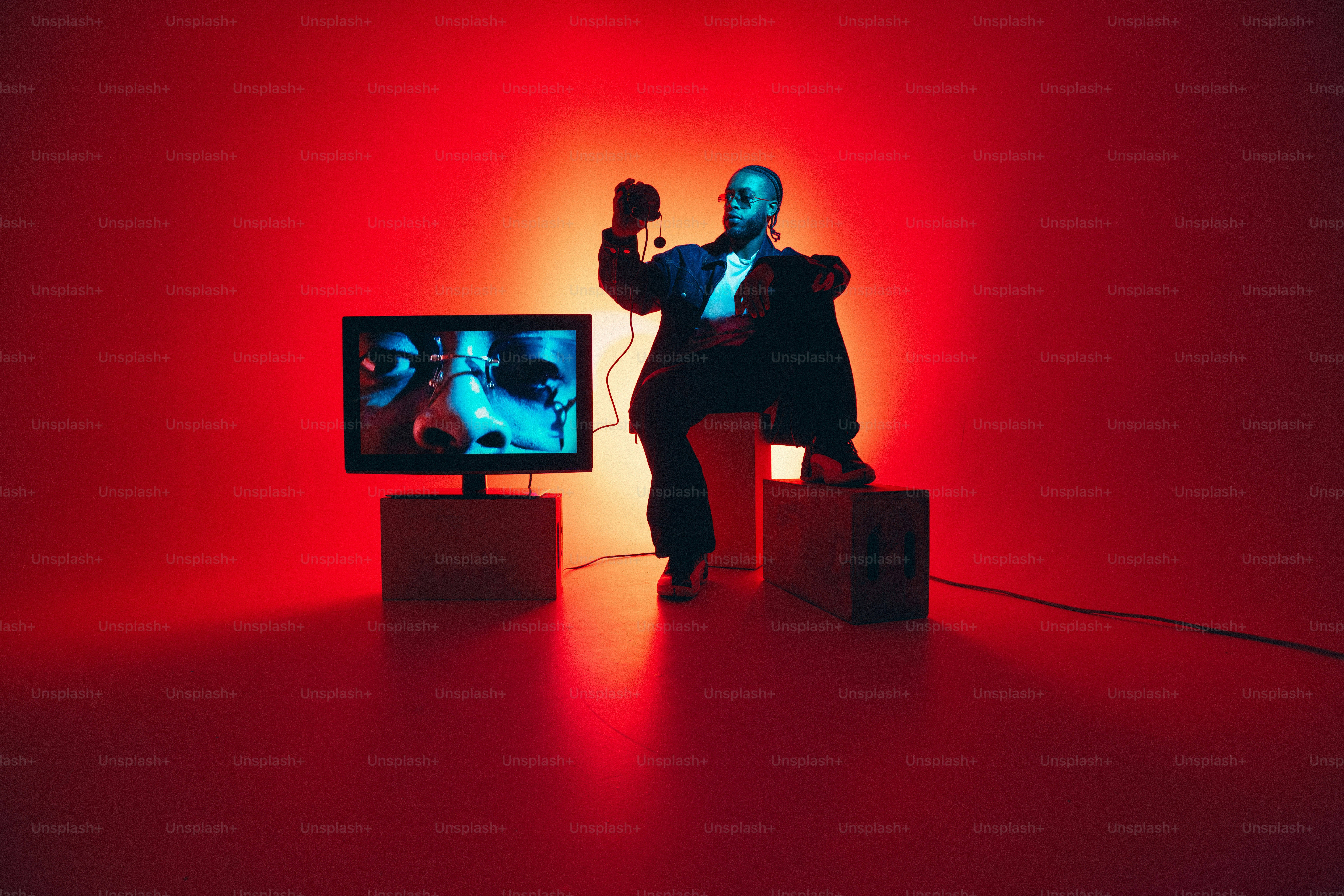 A man standing in front of a TV in a red room