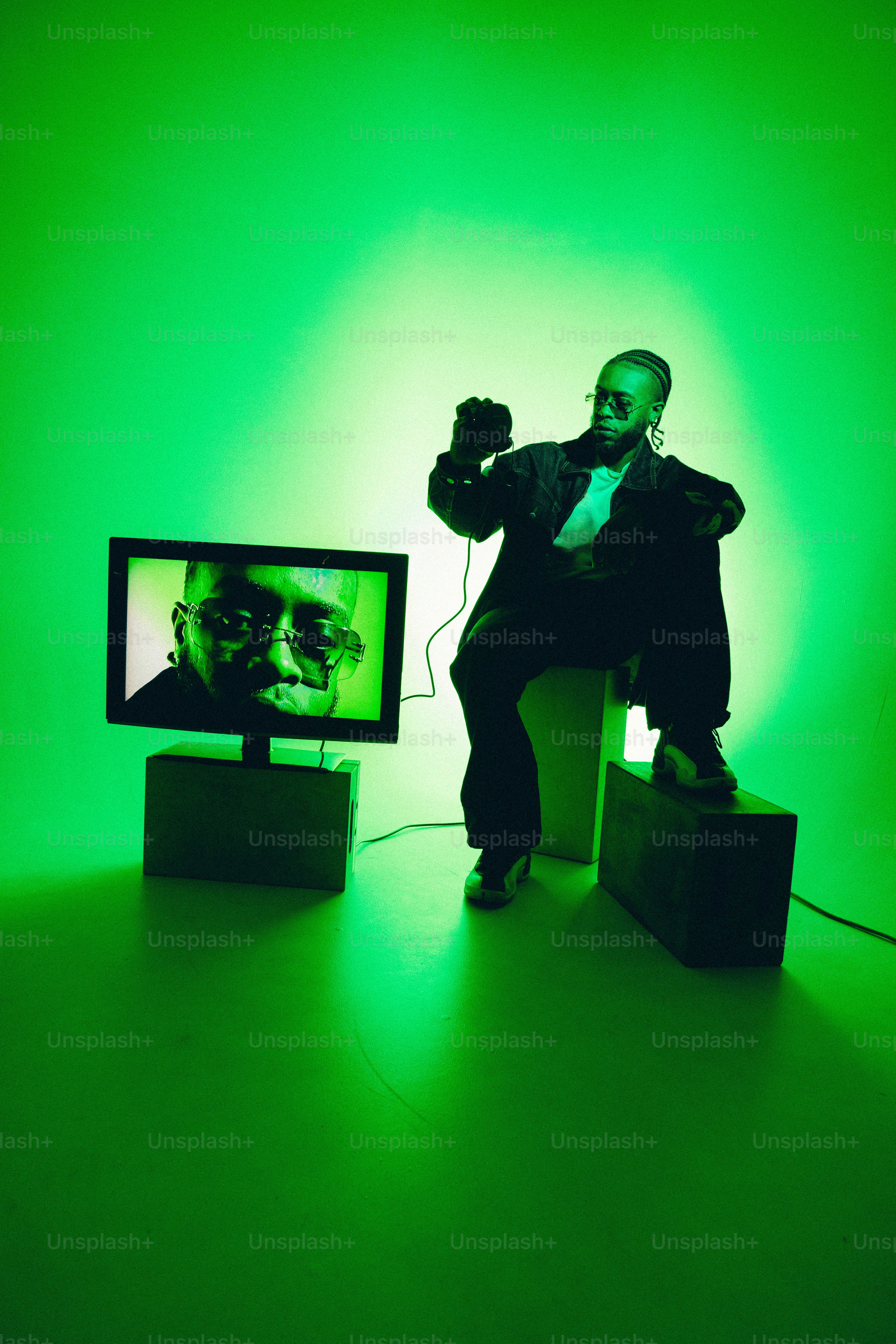A man sitting in front of a TV in a green room