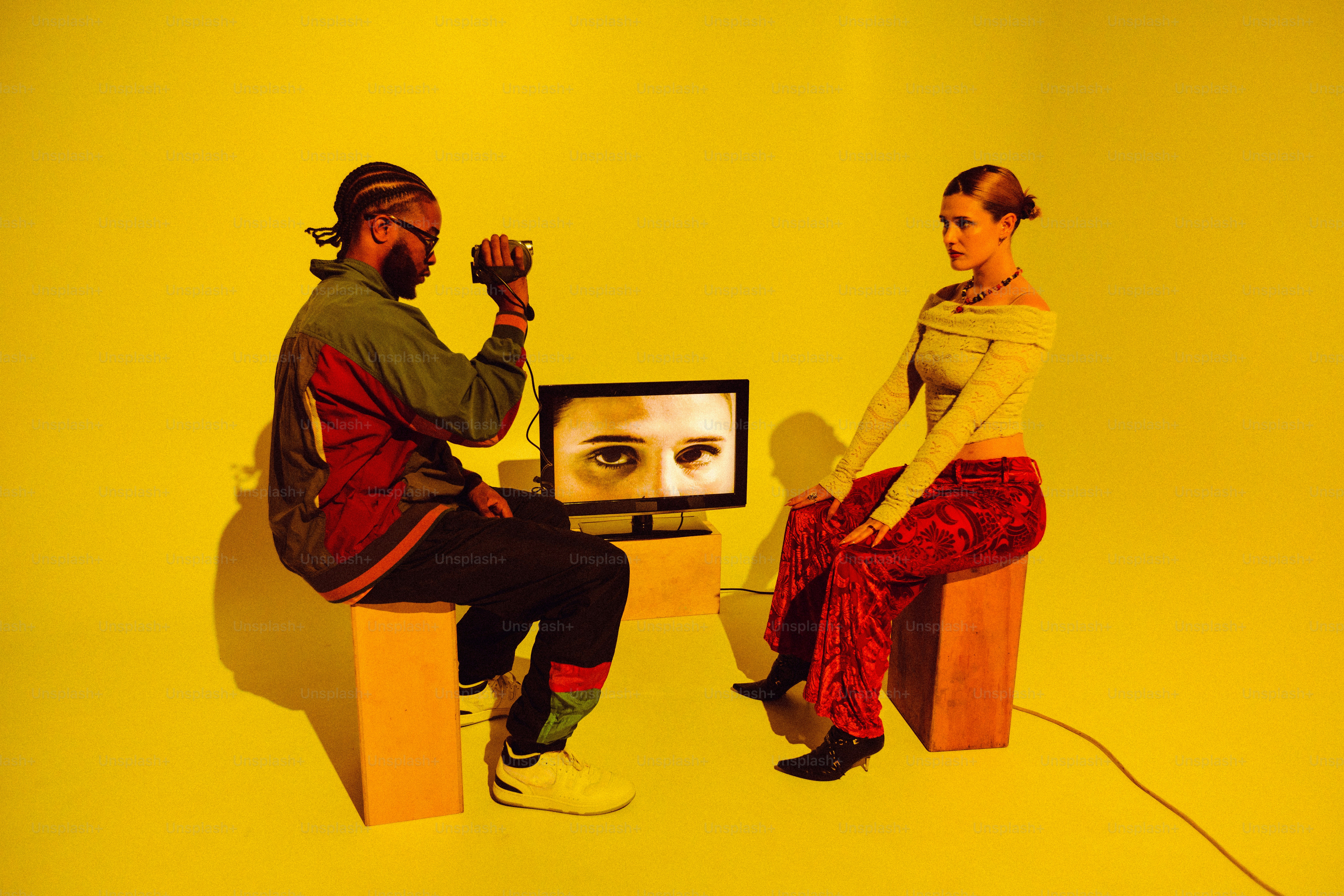 A man and a woman sitting in front of a television