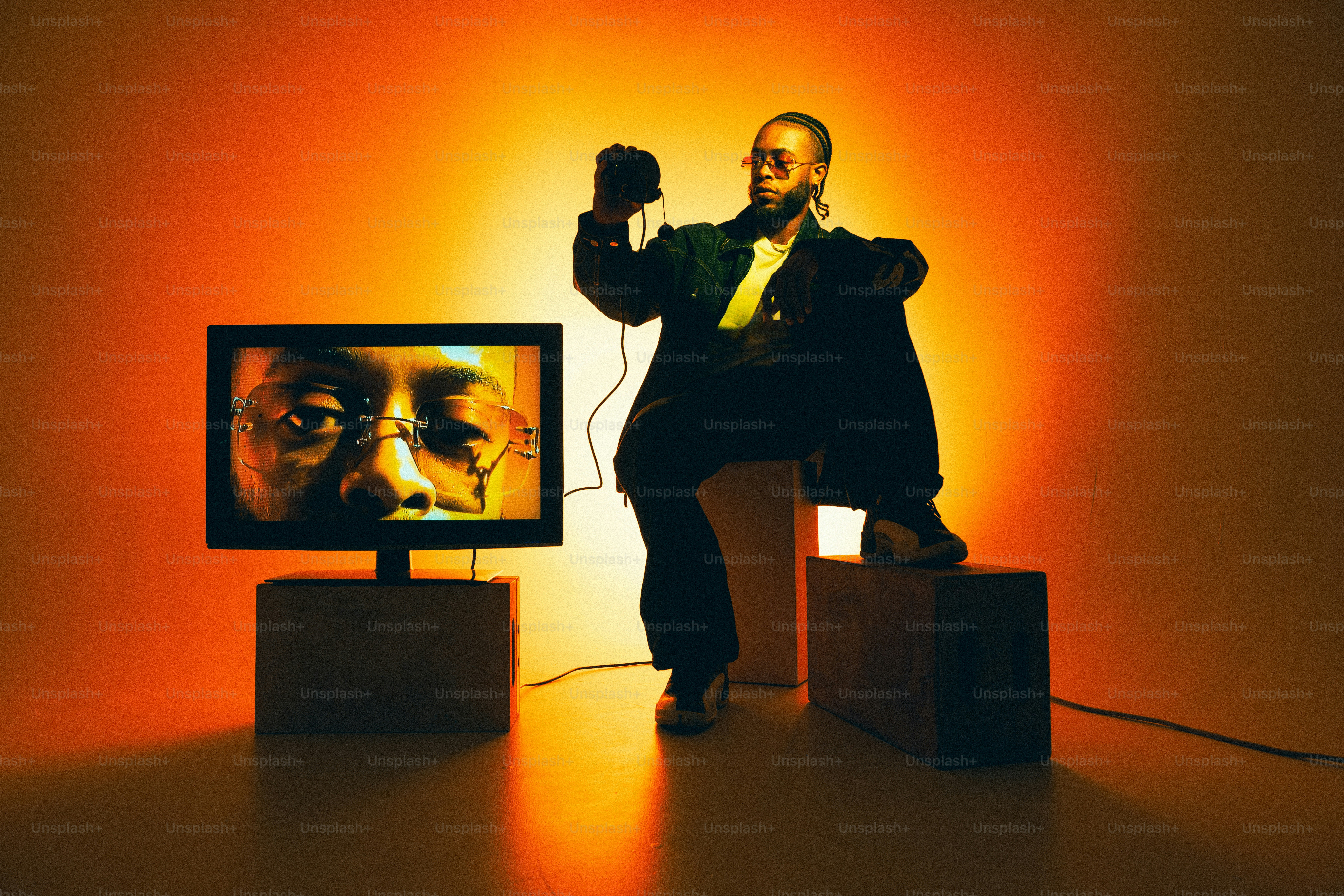 Um homem em pé na frente de uma TV segurando um controle remoto