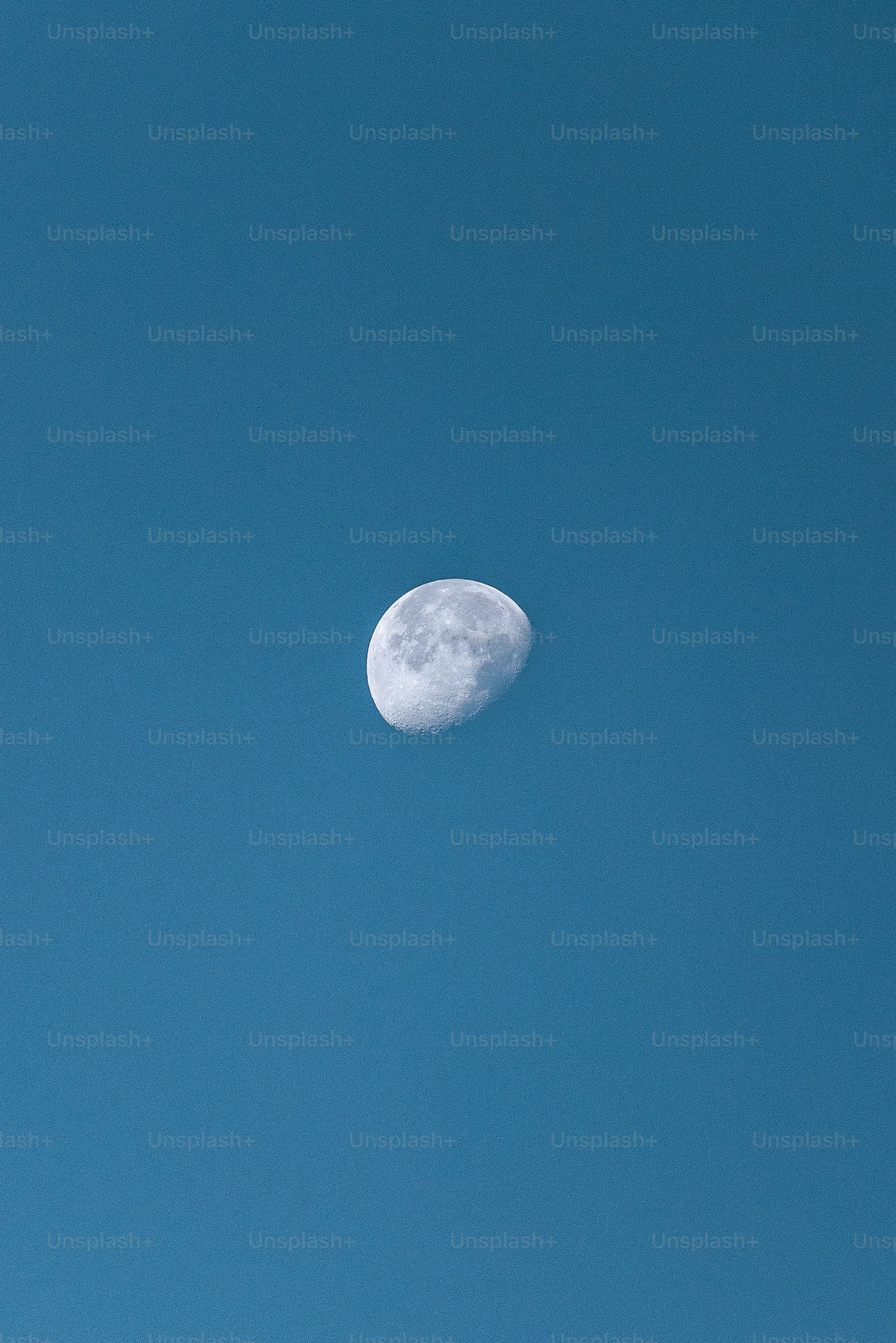 A half moon is seen in the blue sky