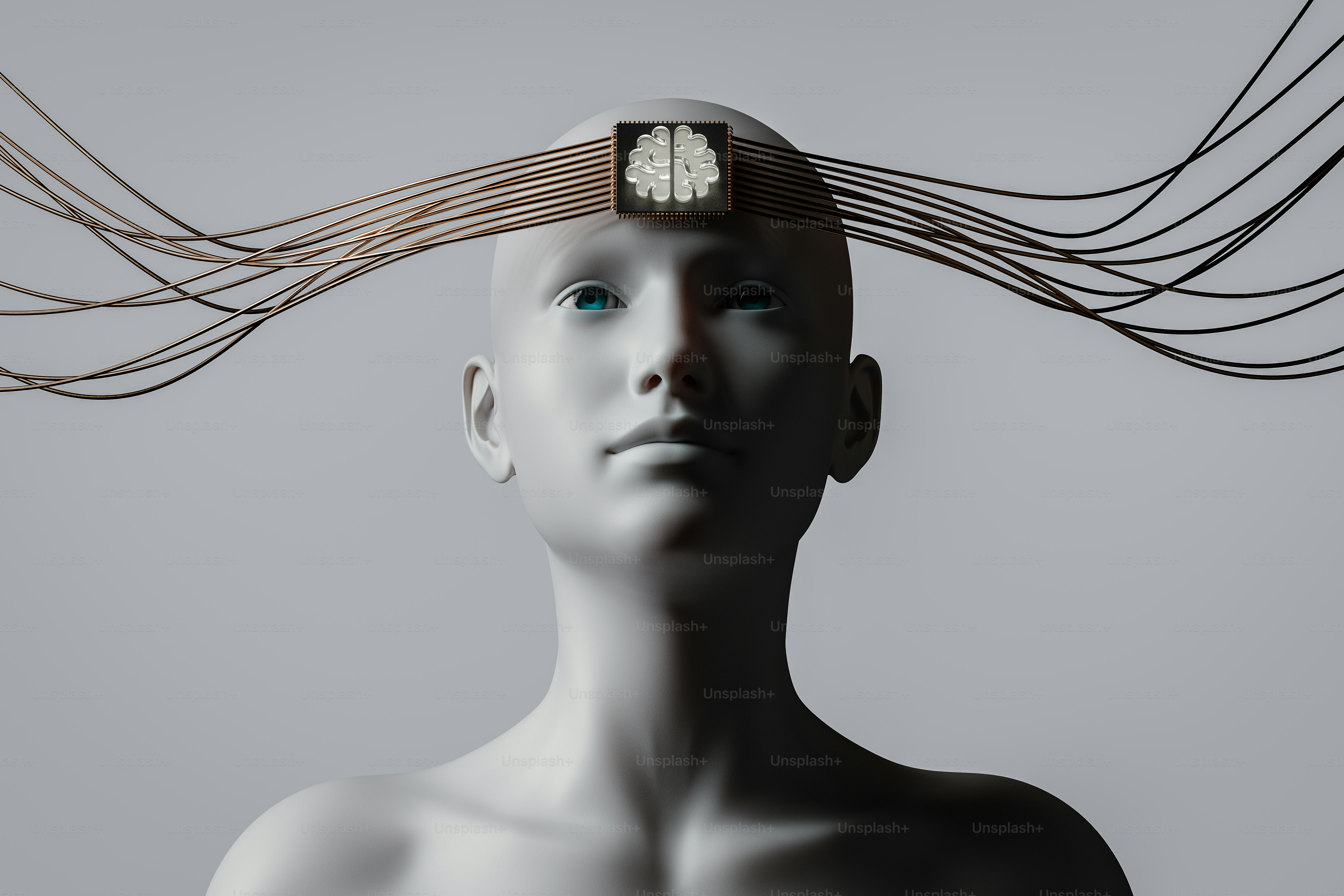 Visualization of a human brain implant connection with a neural network. 3D render.