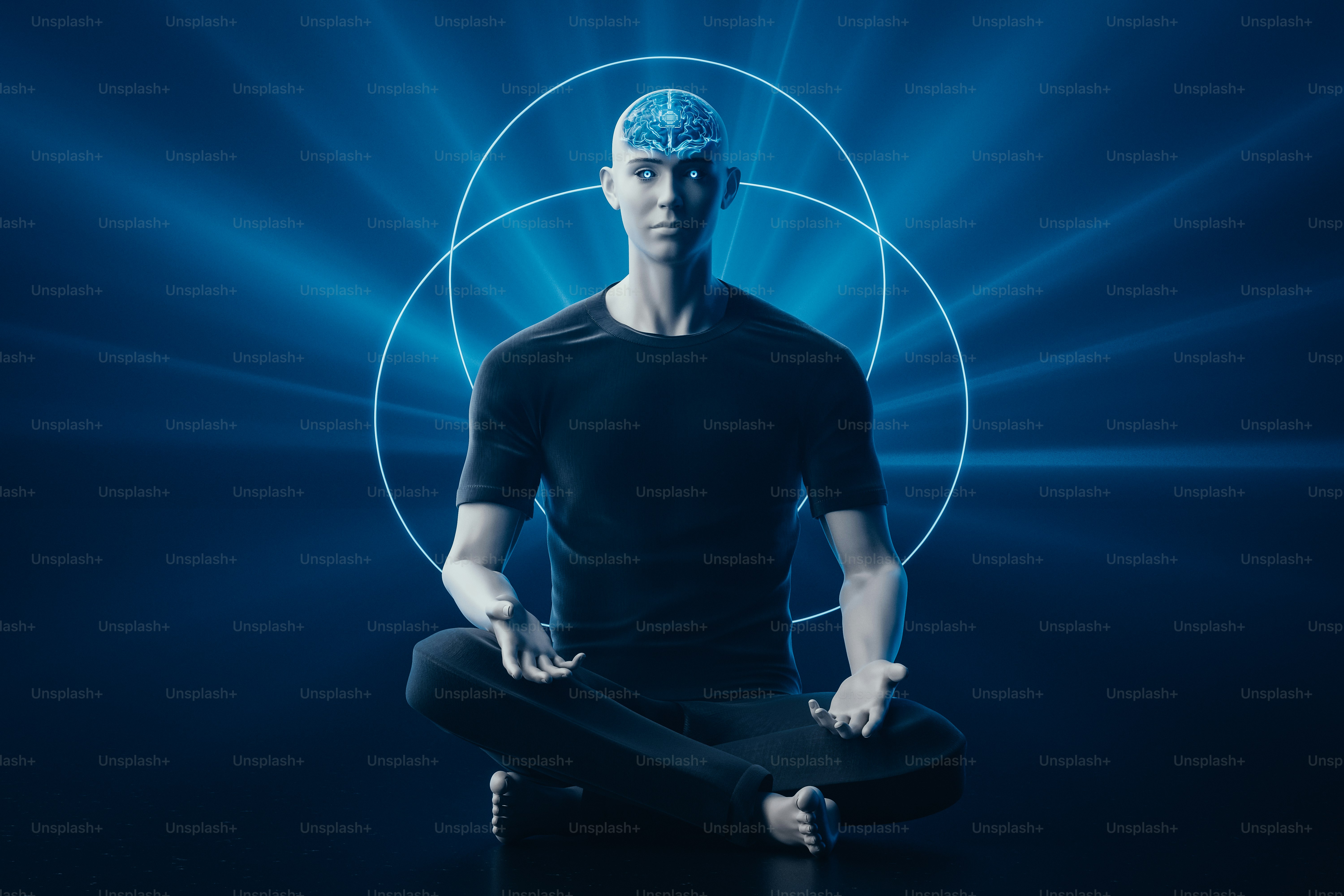 A man sitting in a yoga pose with a blue background