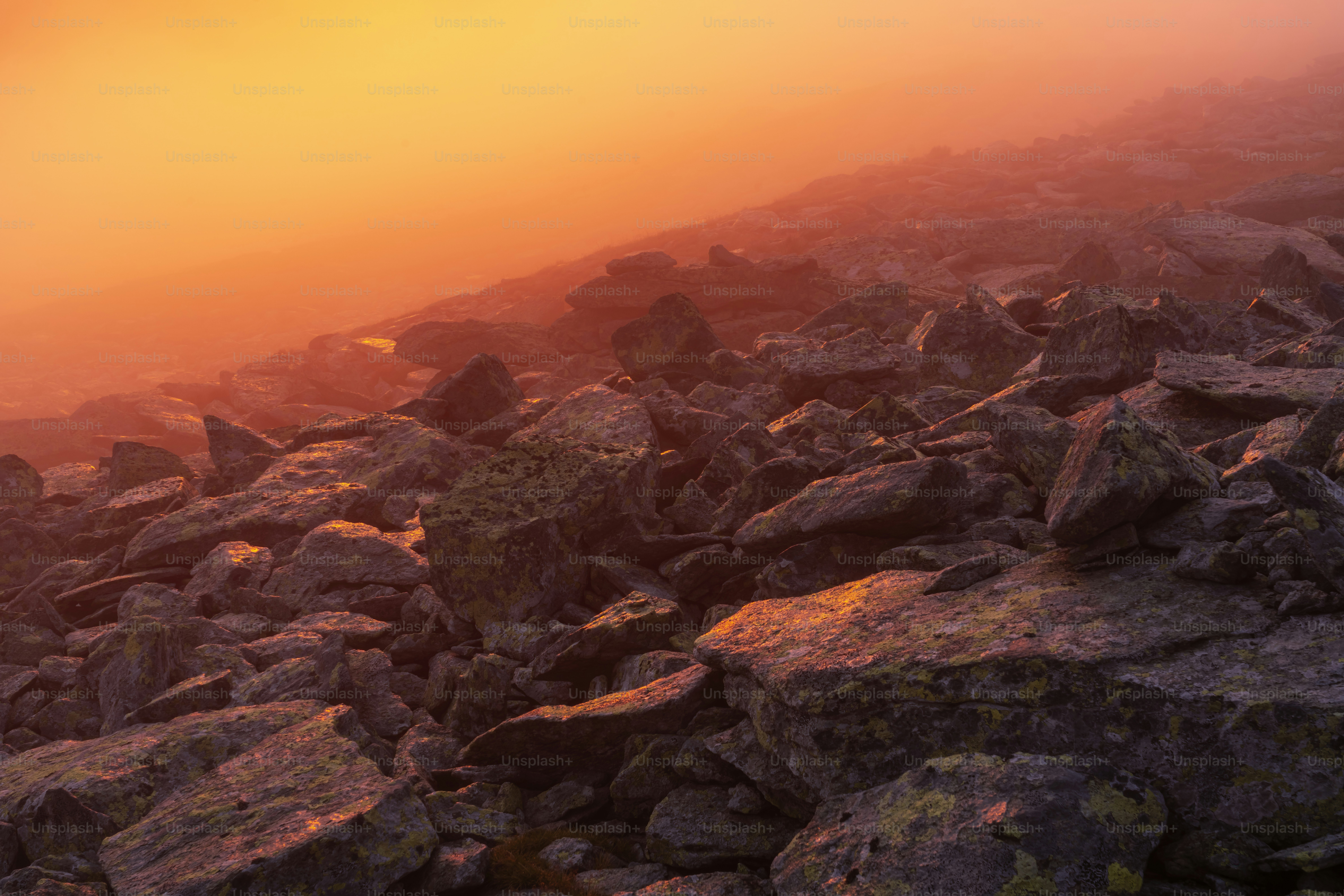 Il sole sta tramontando su una spiaggia rocciosa