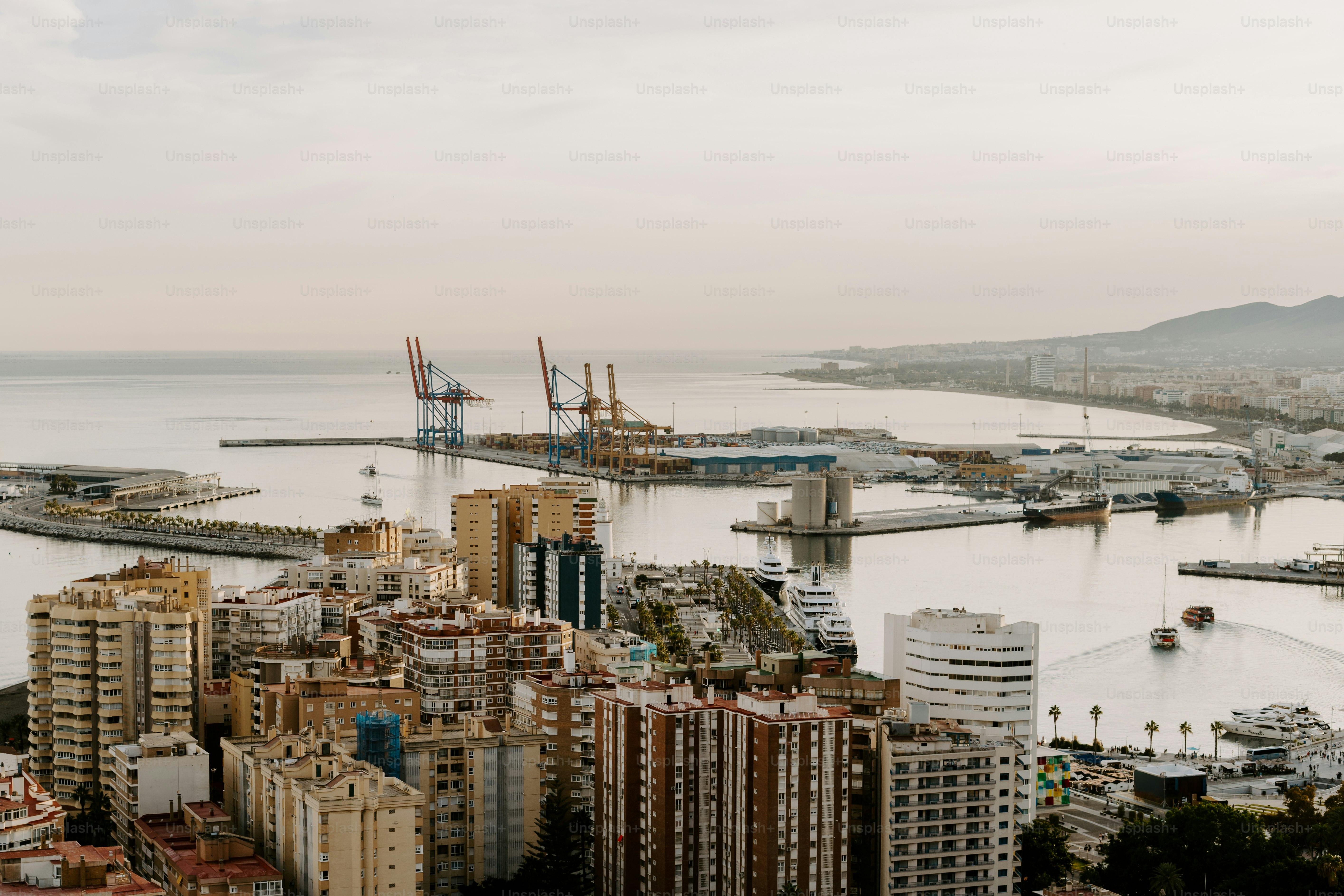 A view of a city with a harbor in the background