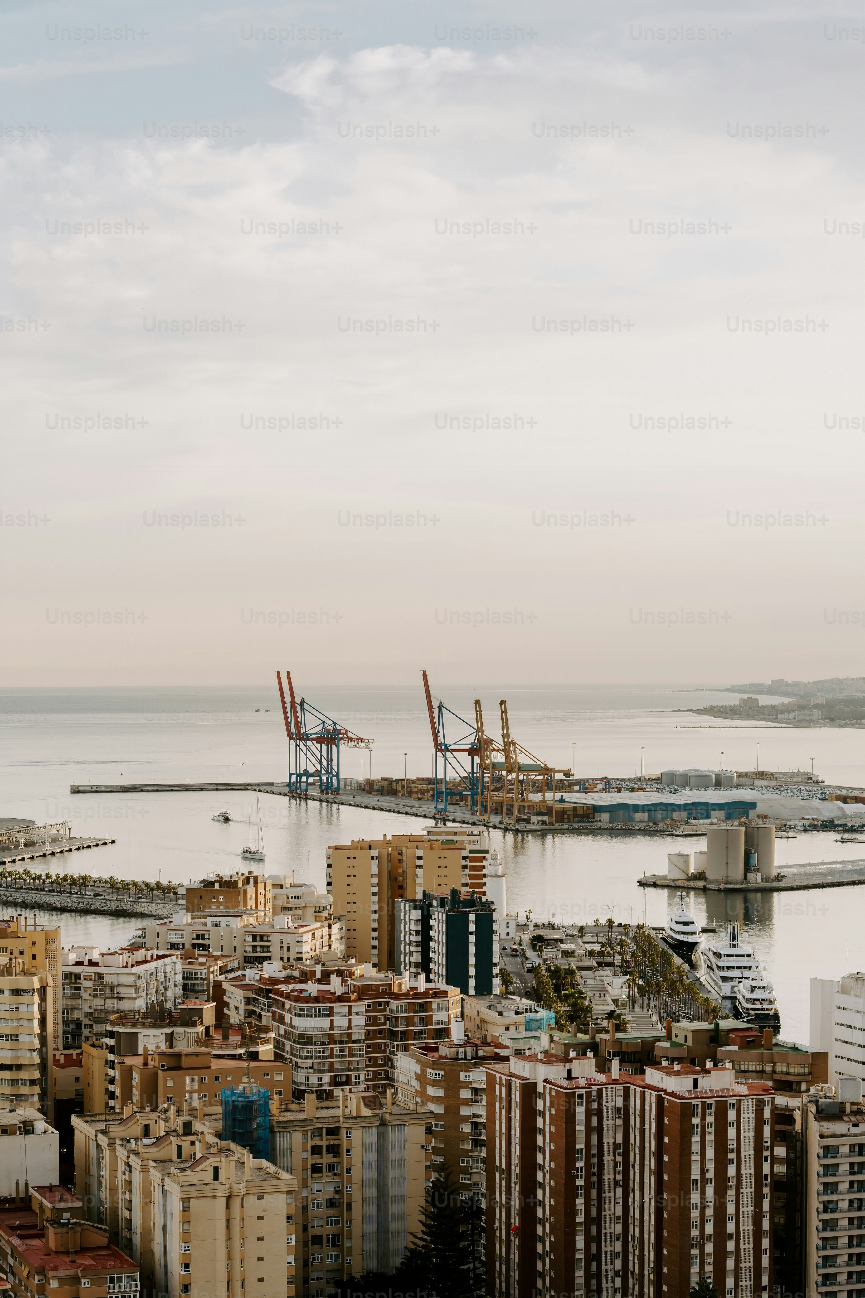 A view of a city with a harbor in the background