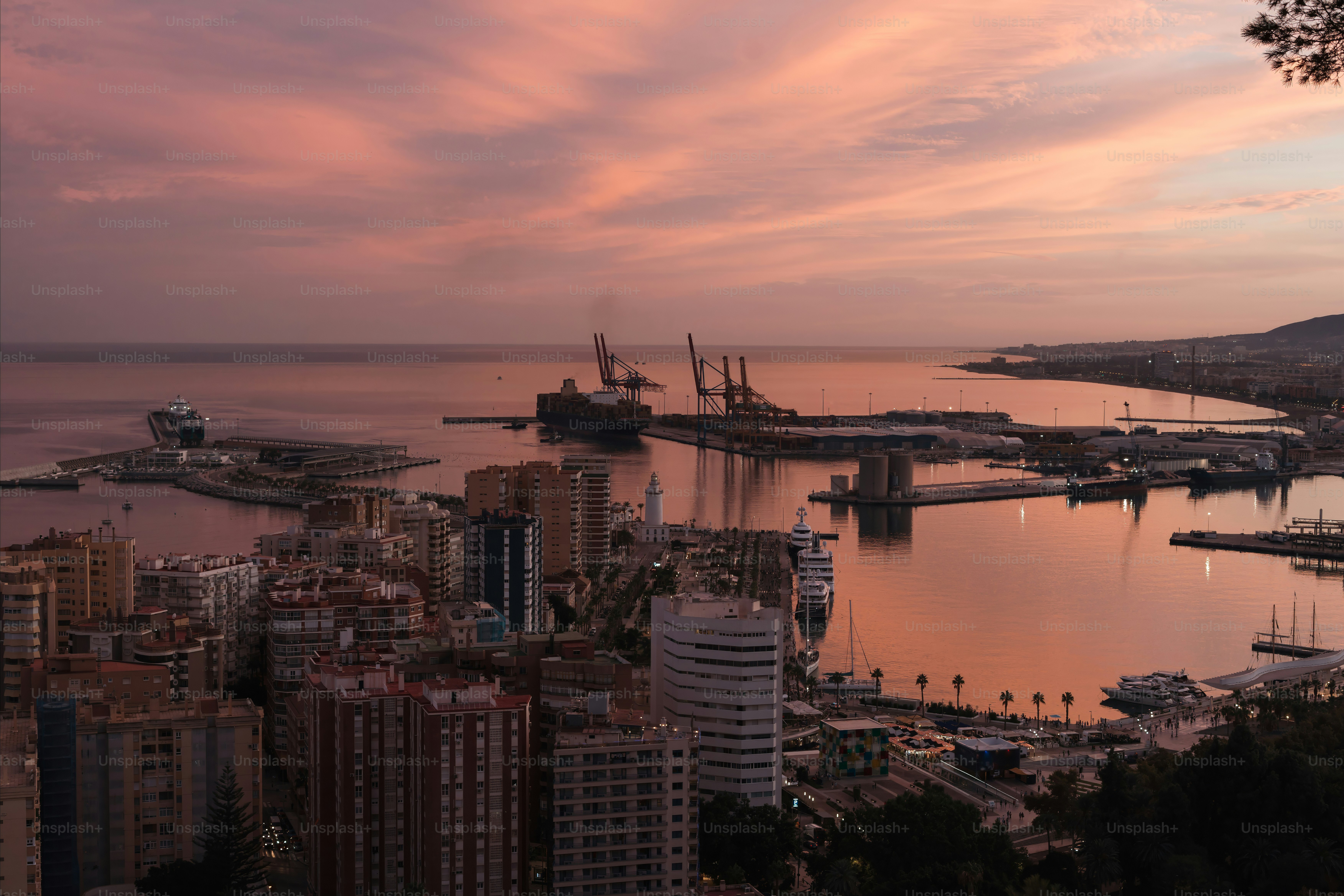 A view of a harbor and a city at sunset