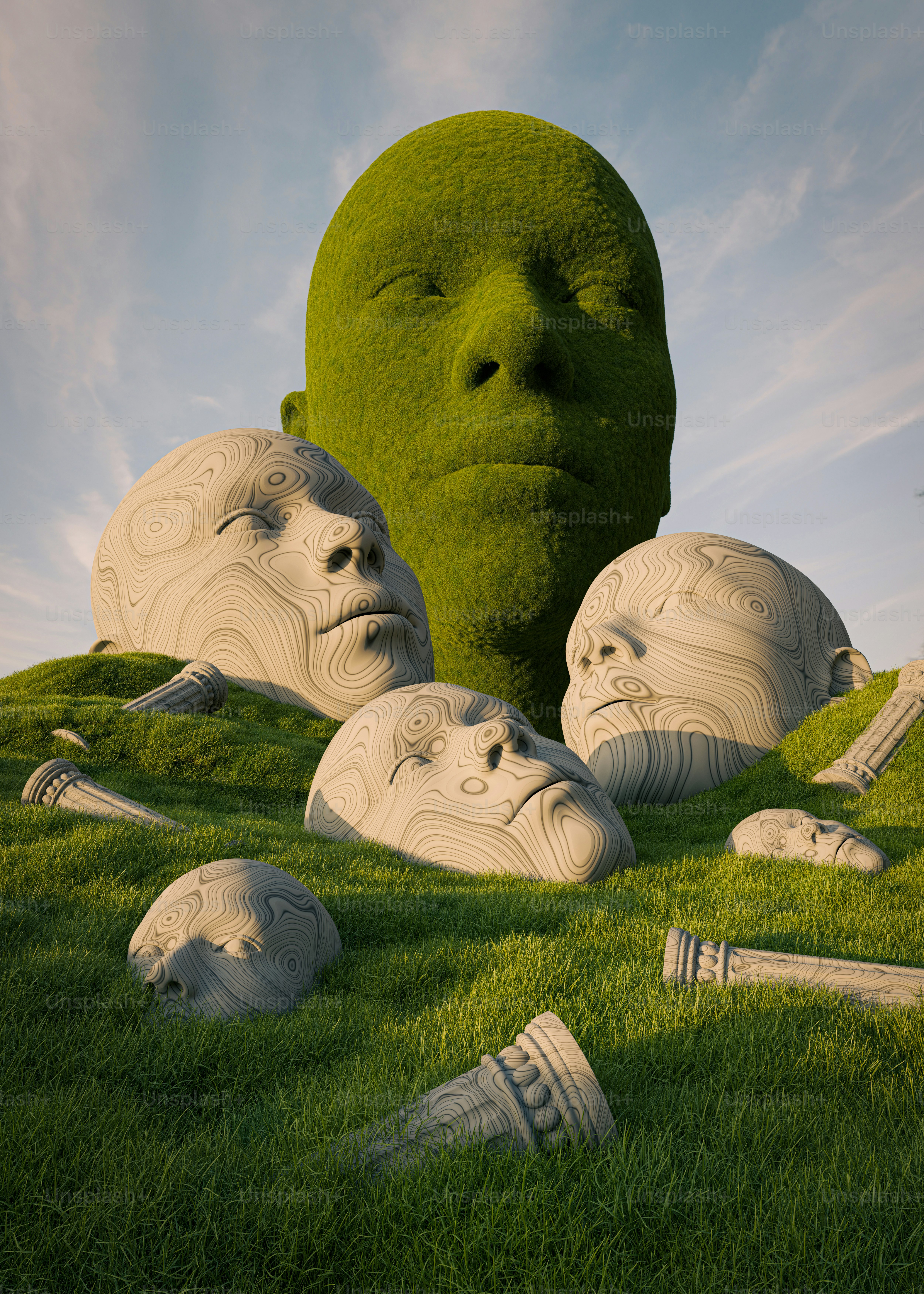 A group of heads in the grass with a sky background