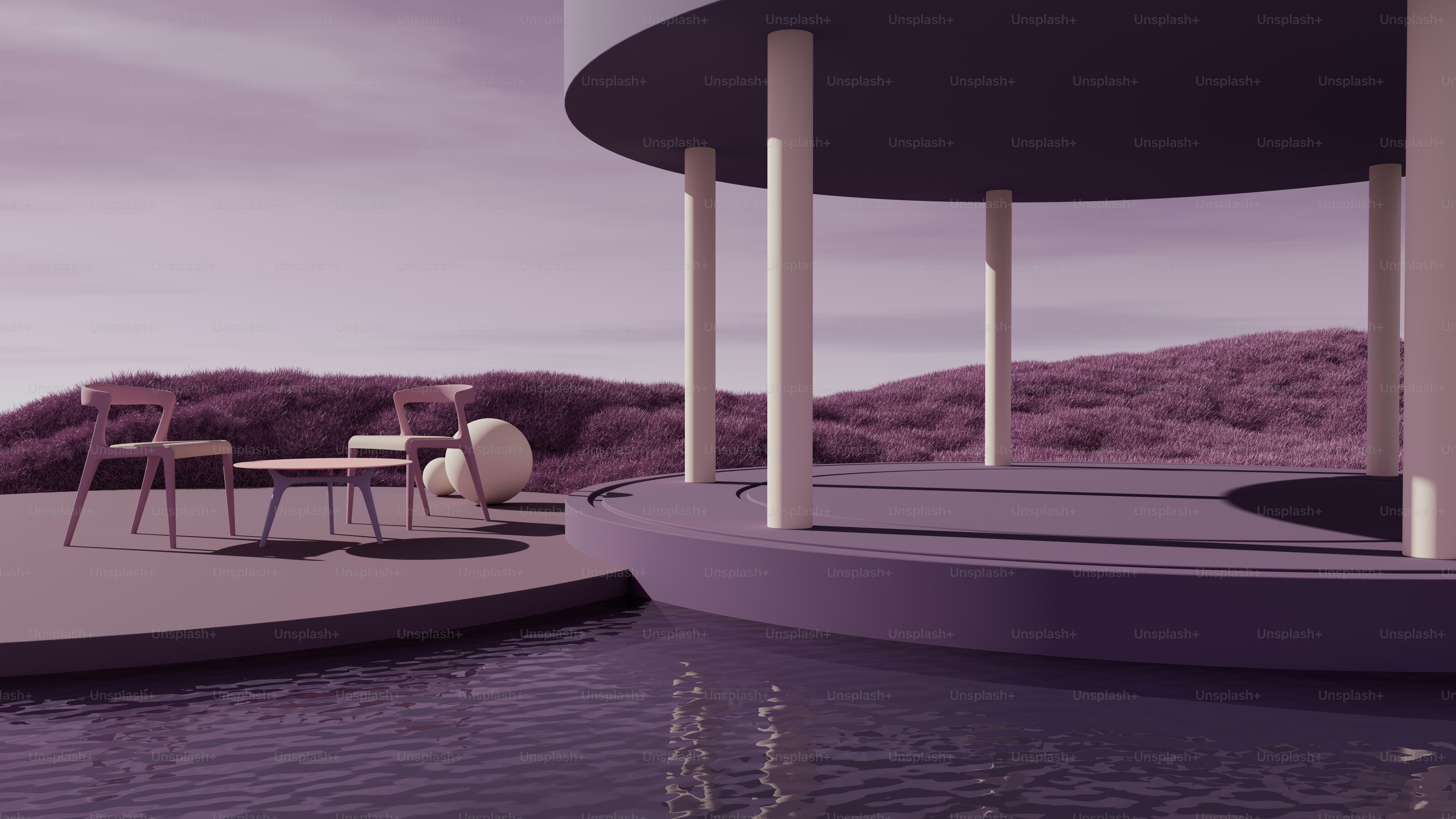 A table and chairs sitting on the edge of a body of water photo ...