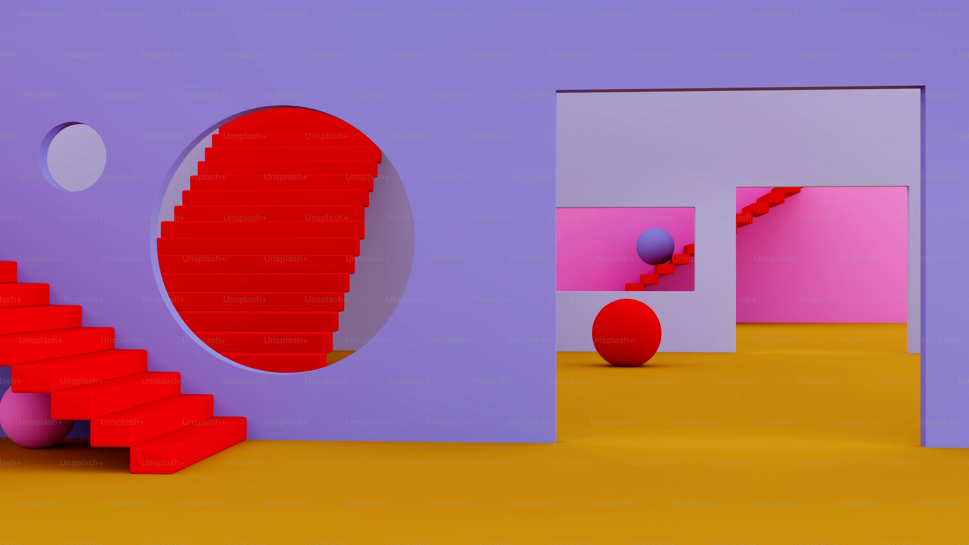 A room with a staircase and a red ball