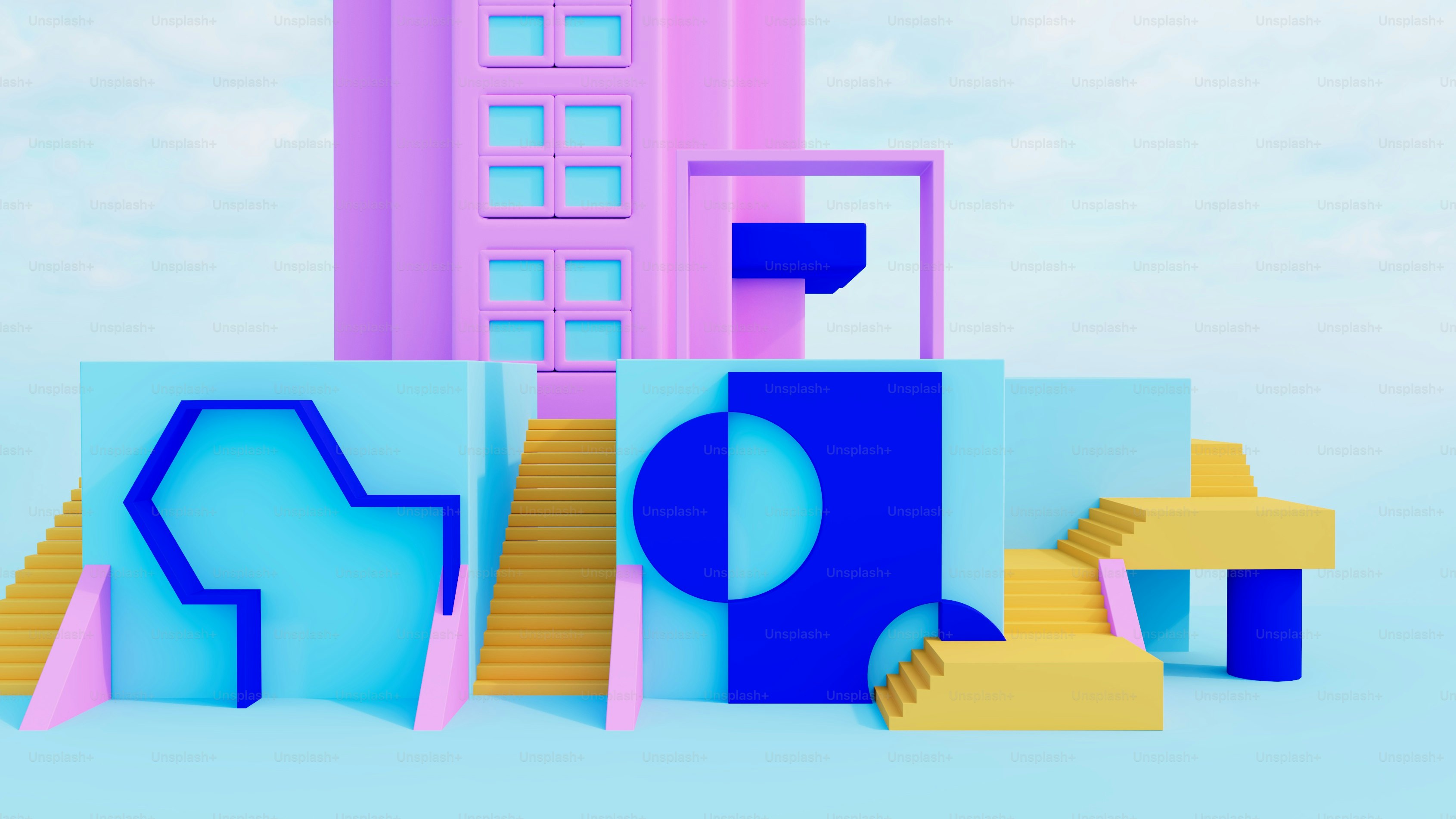 Un grupo de bloques de colores con un edificio al fondo