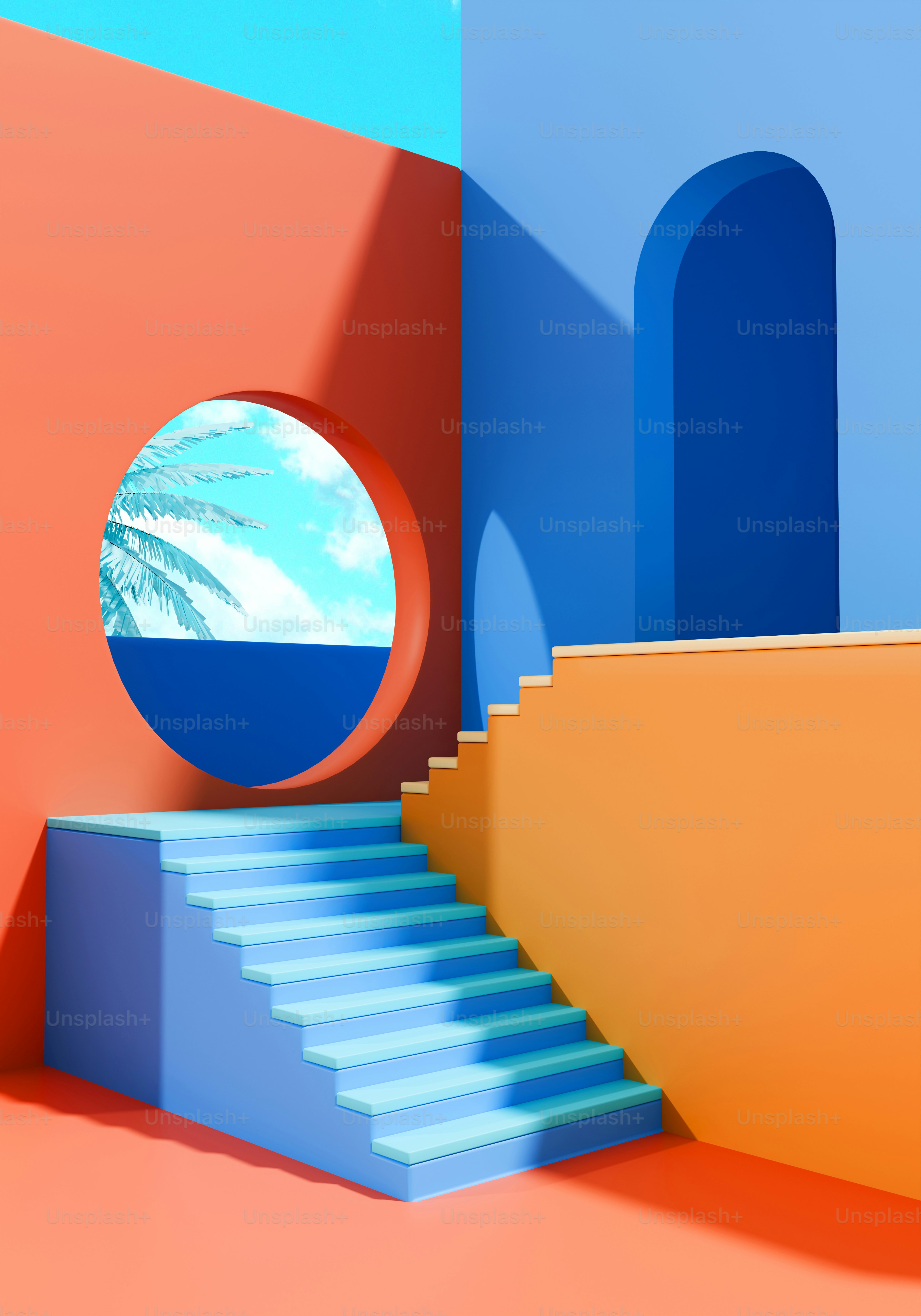 Un conjunto de escaleras que conducen a una ventana redonda