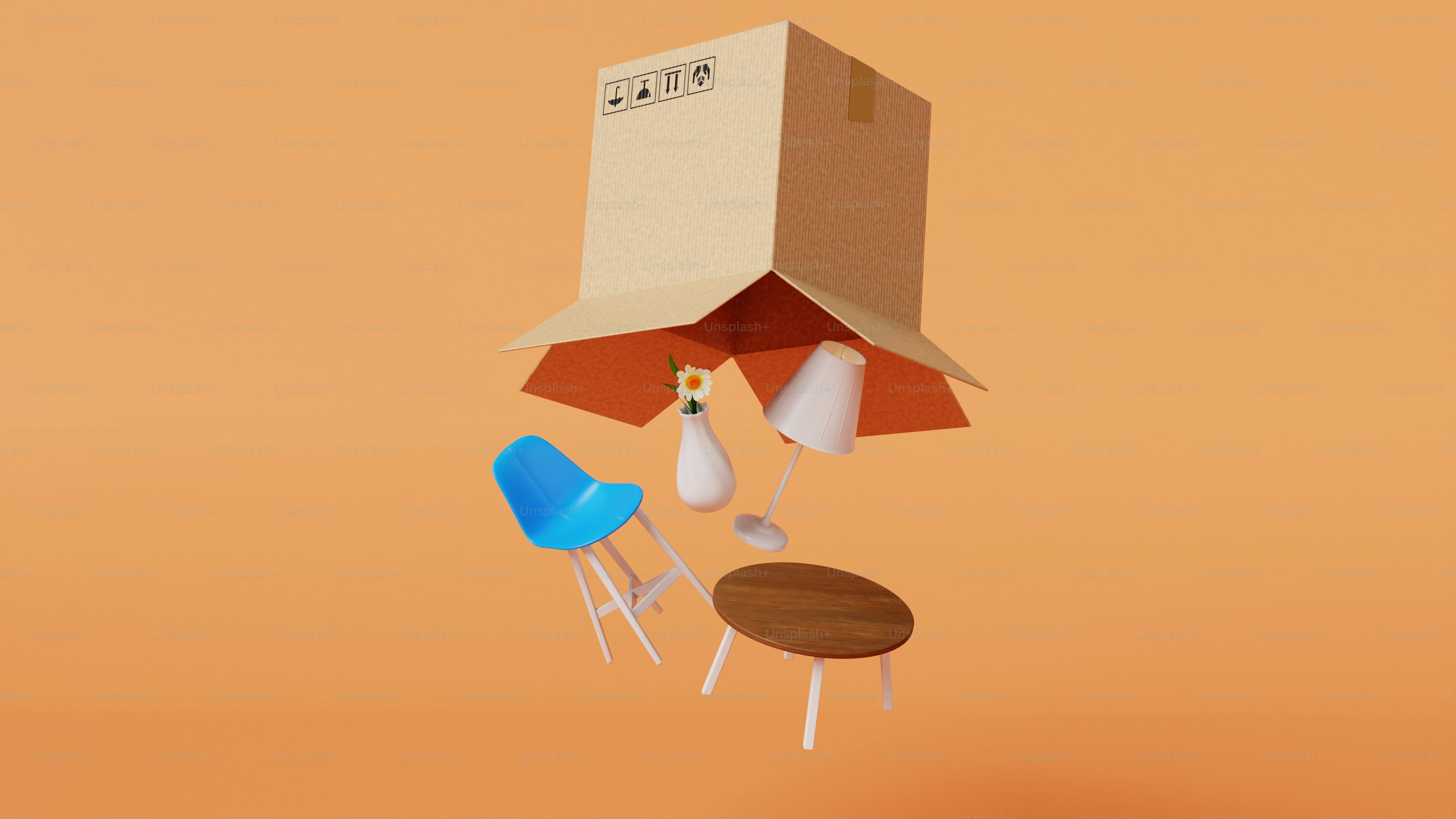 A computer generated image of a chair and a box