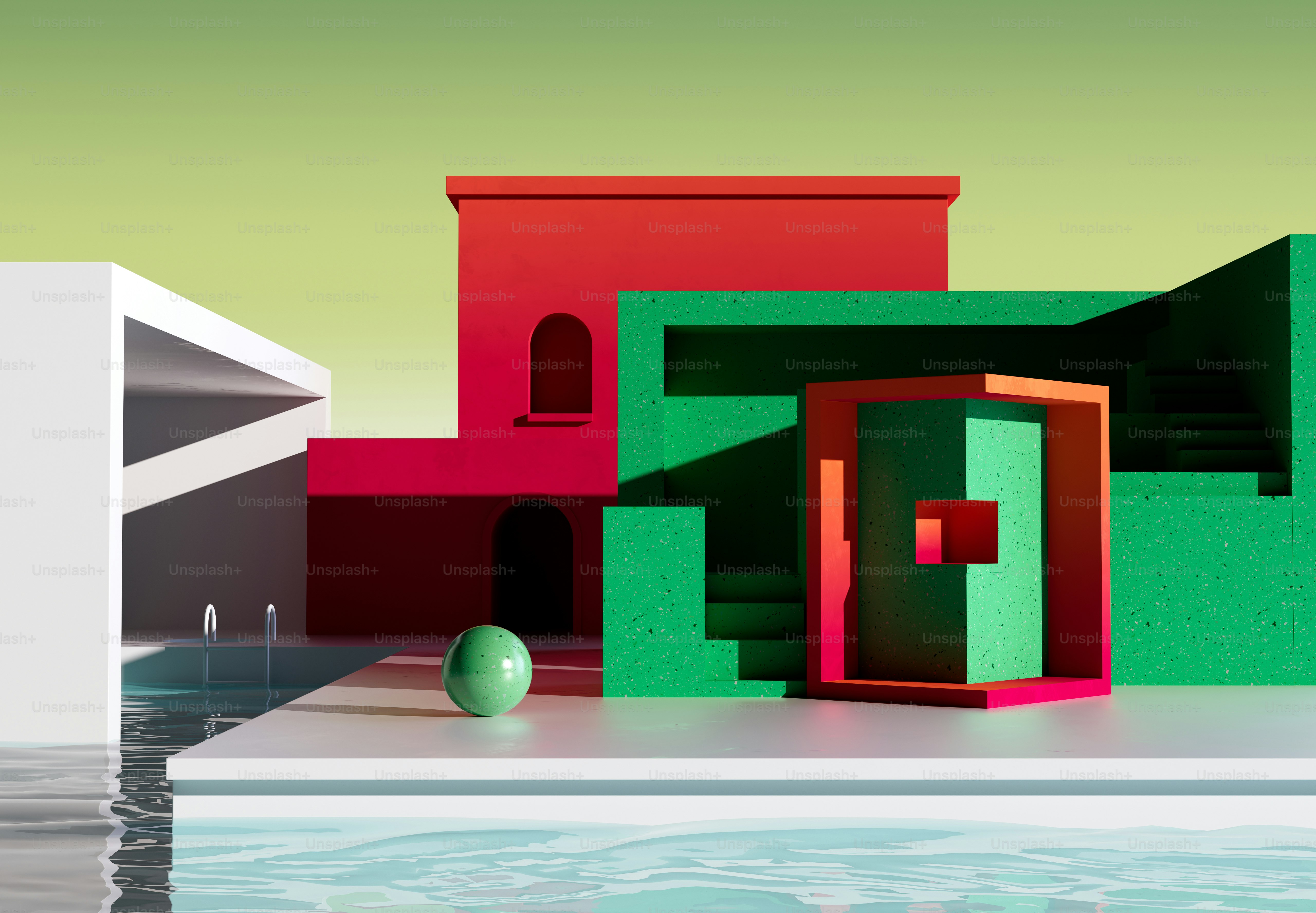 A computer generated image of a building with a pool in front of it