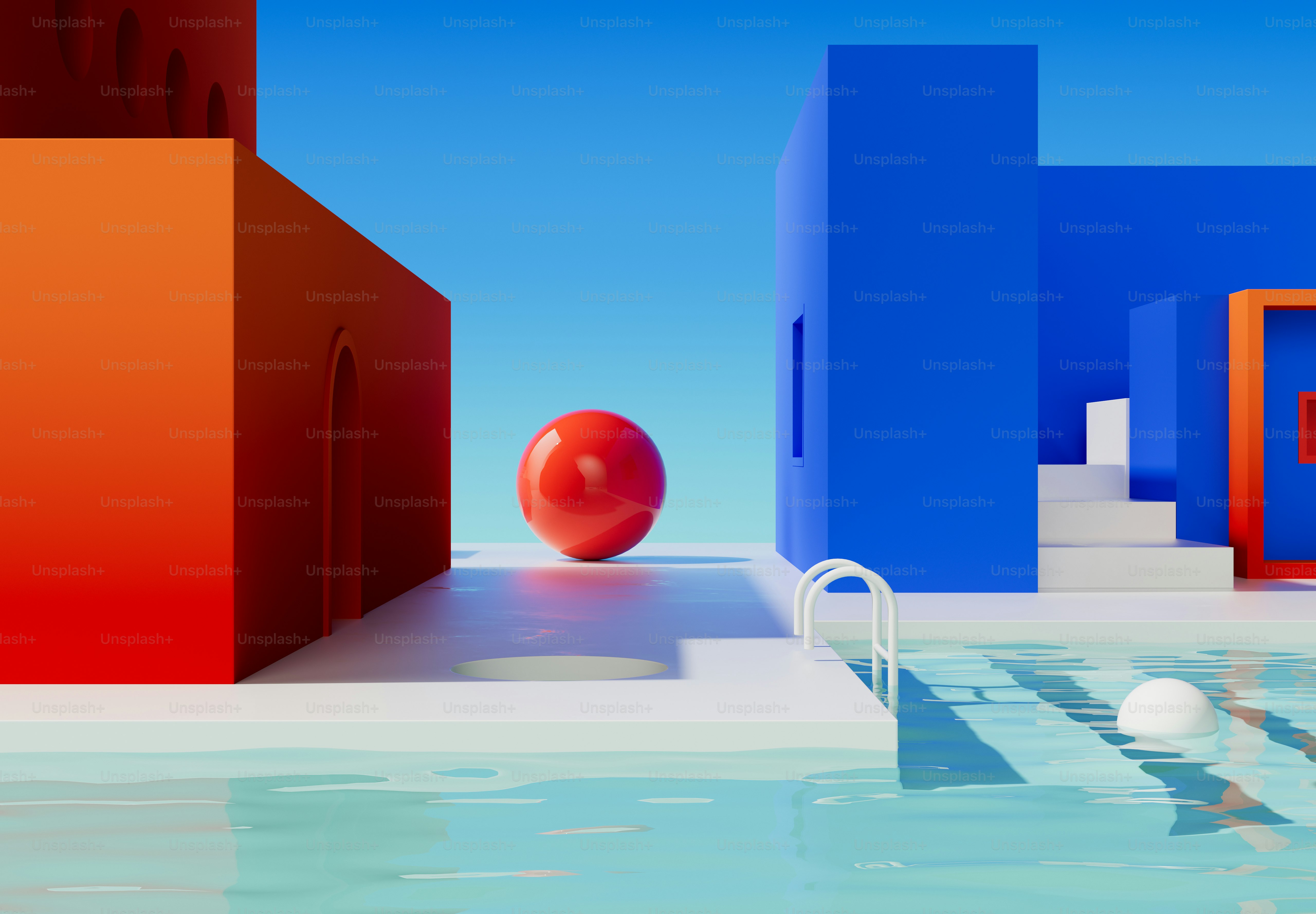 Uma imagem gerada por computador de uma piscina com uma bola vermelha