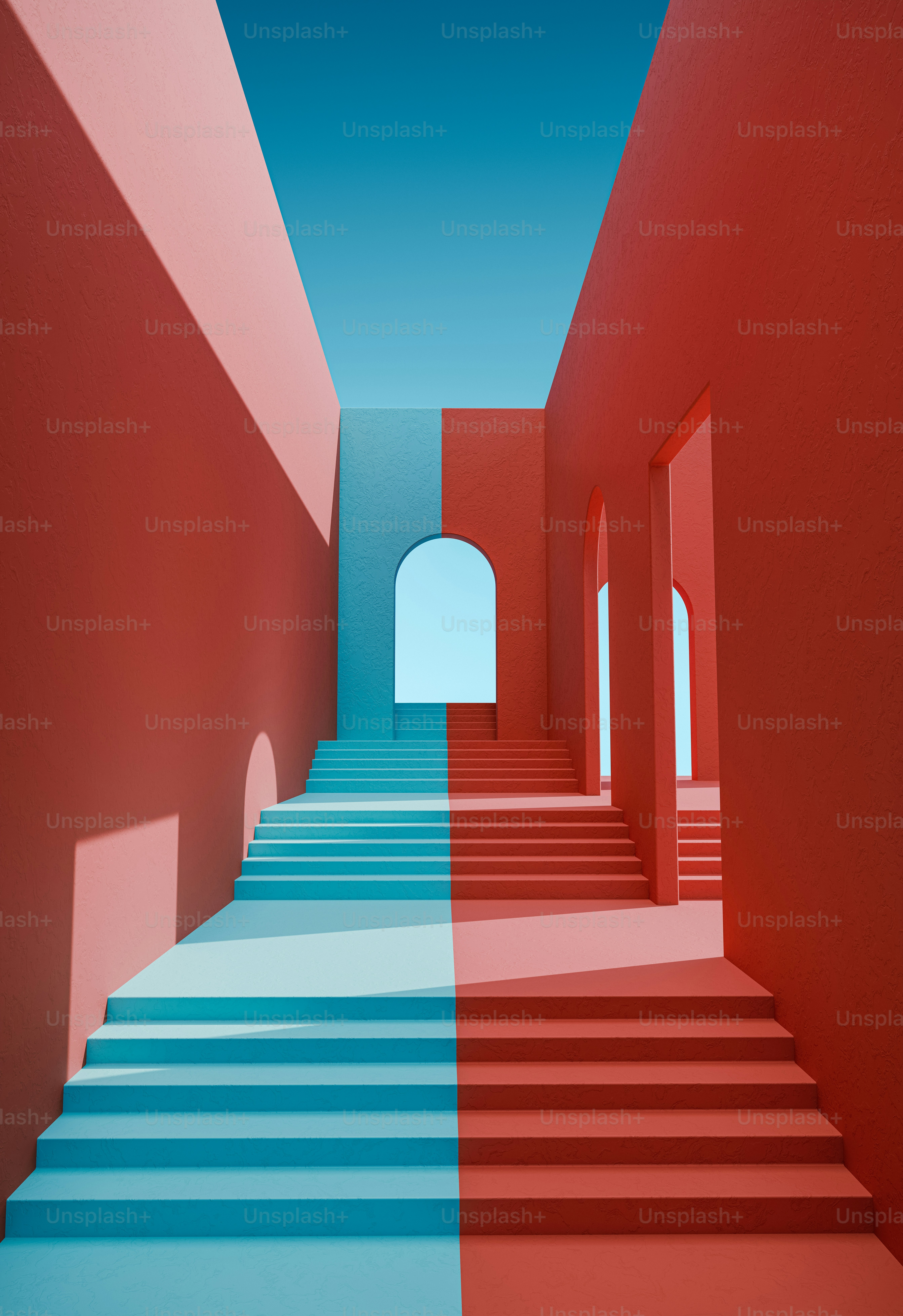 A set of stairs leading up to a blue sky