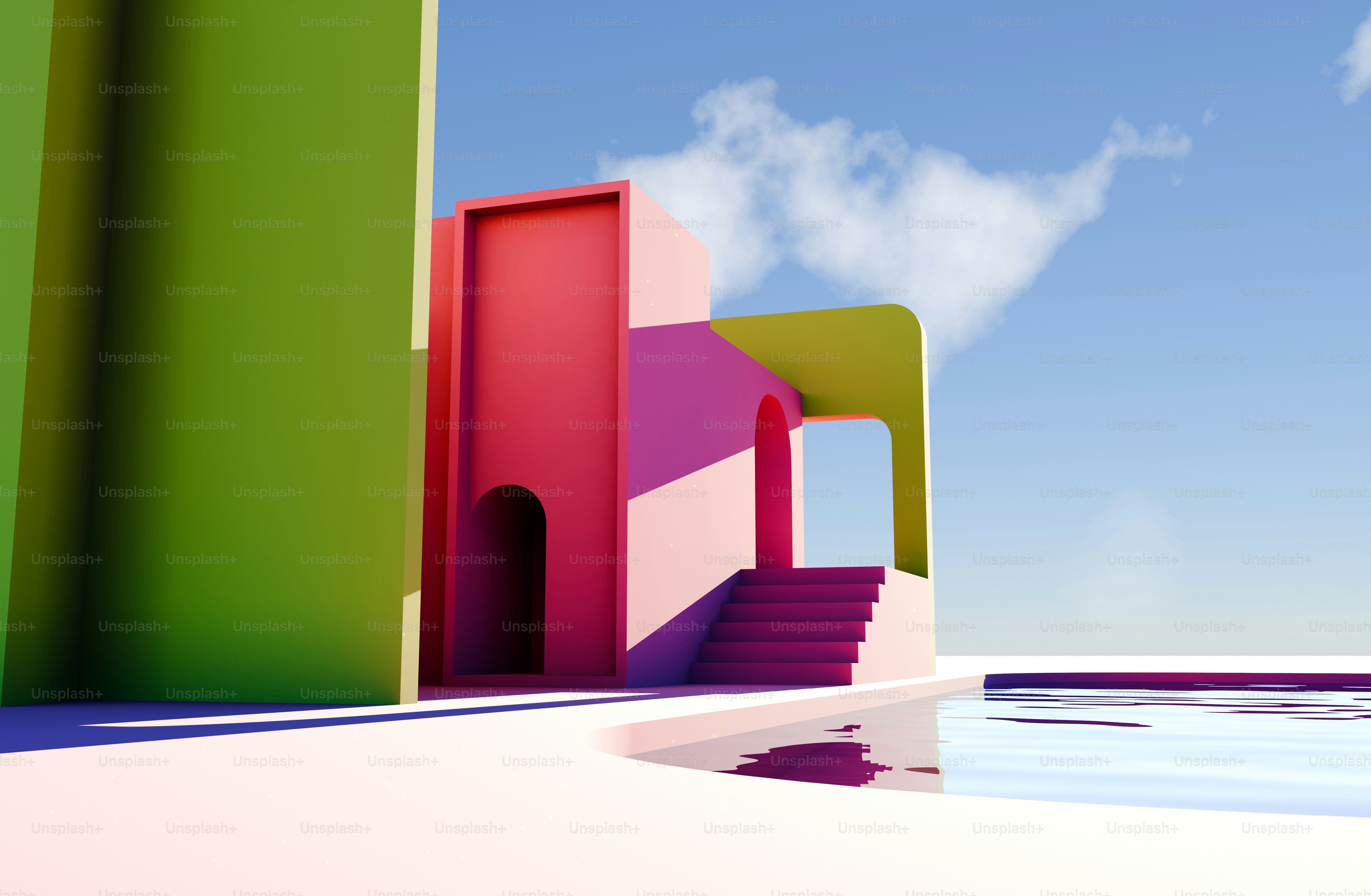 A computer generated image of a building and stairs