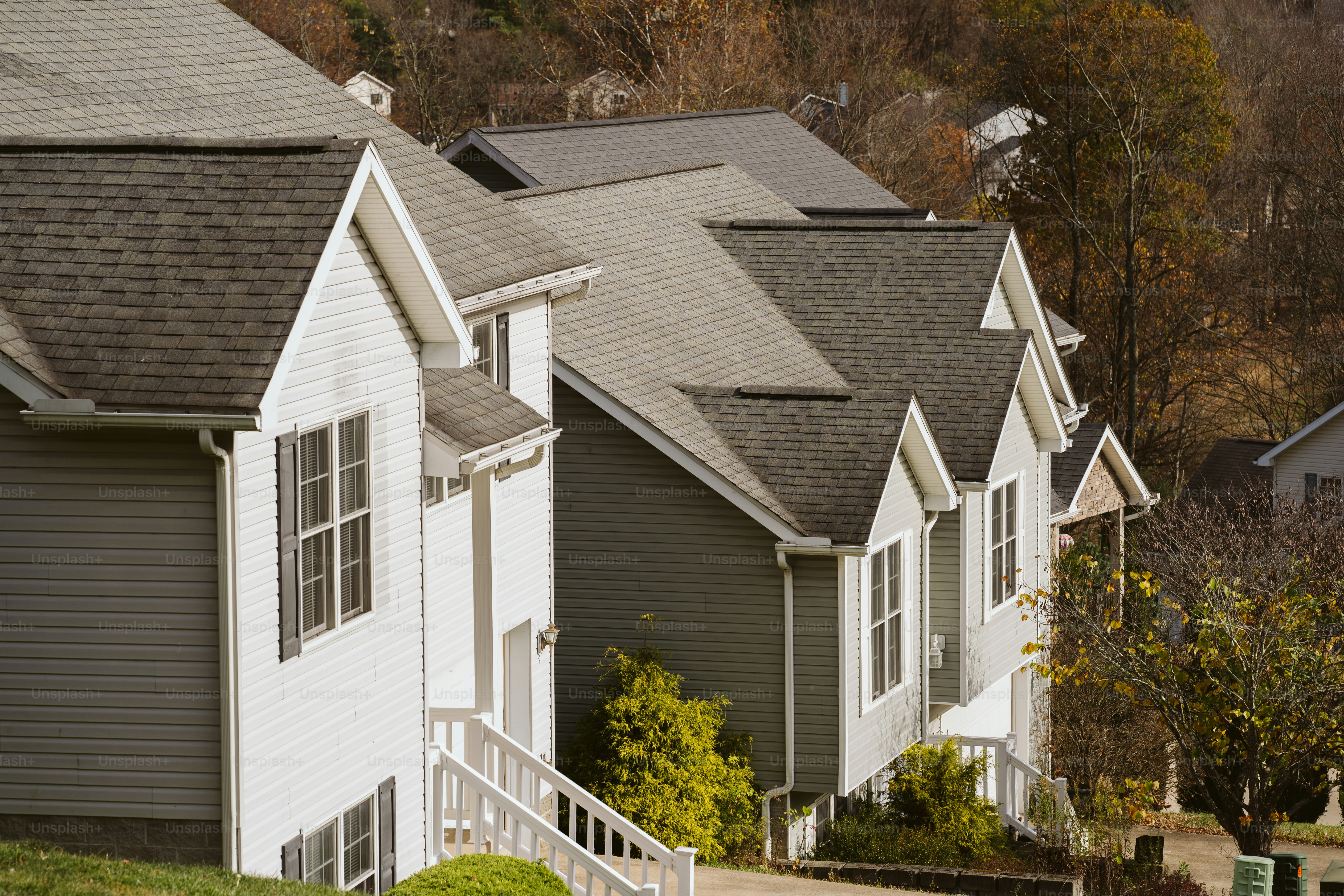Una hilera de casas en un barrio con una montaña al fondo