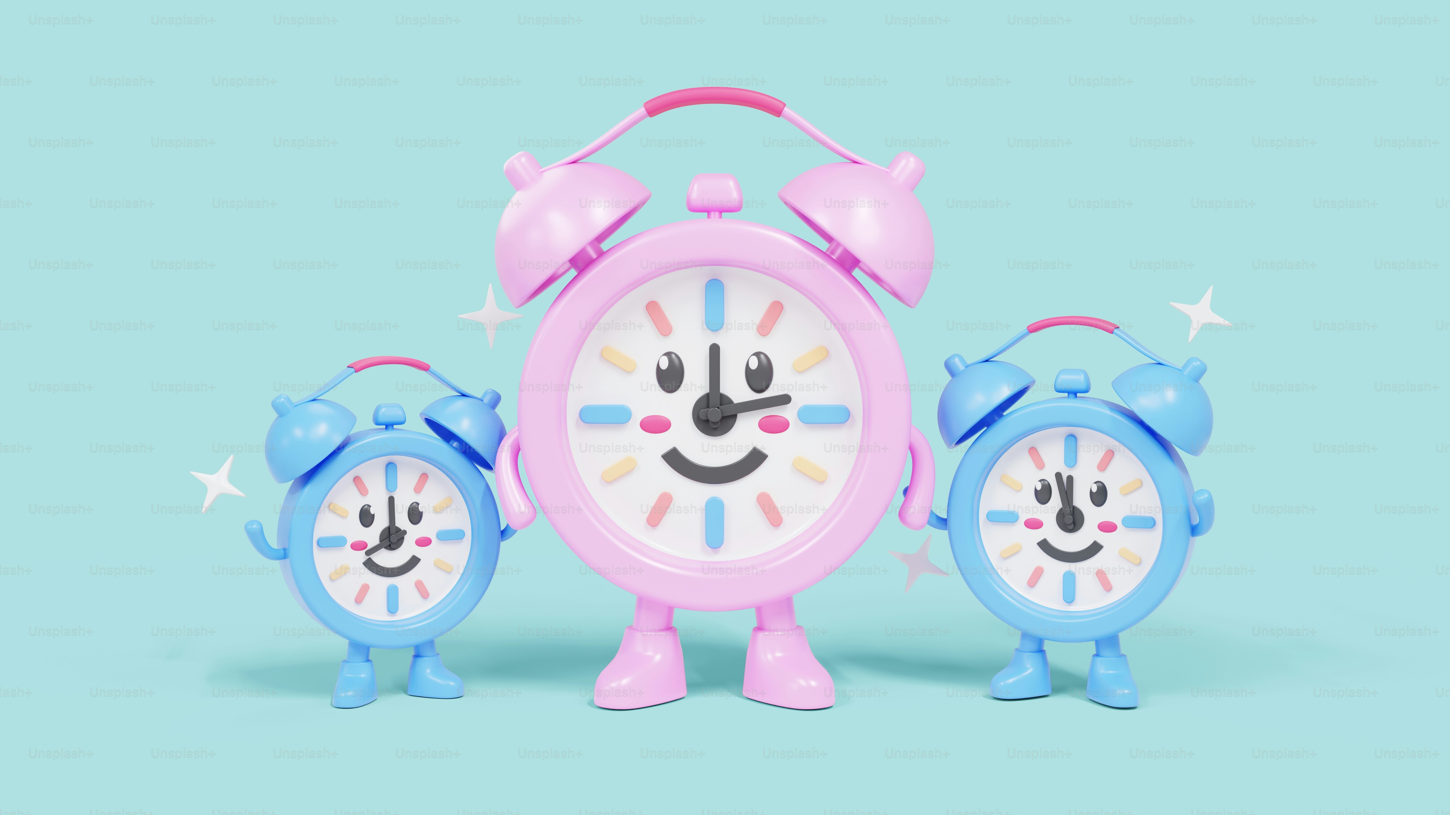 A pink and blue alarm clock sitting next to each other