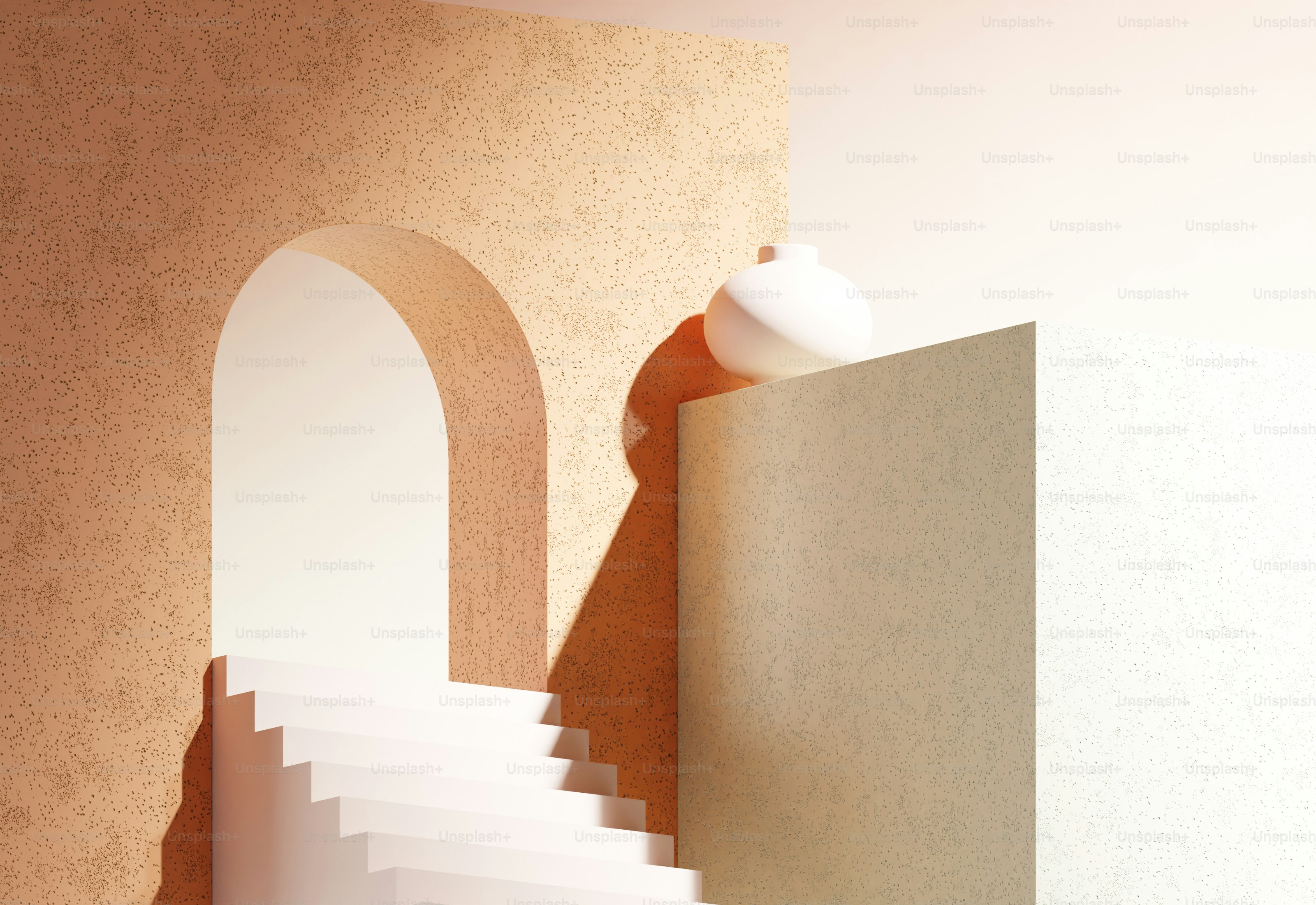 A room with a staircase and a light fixture