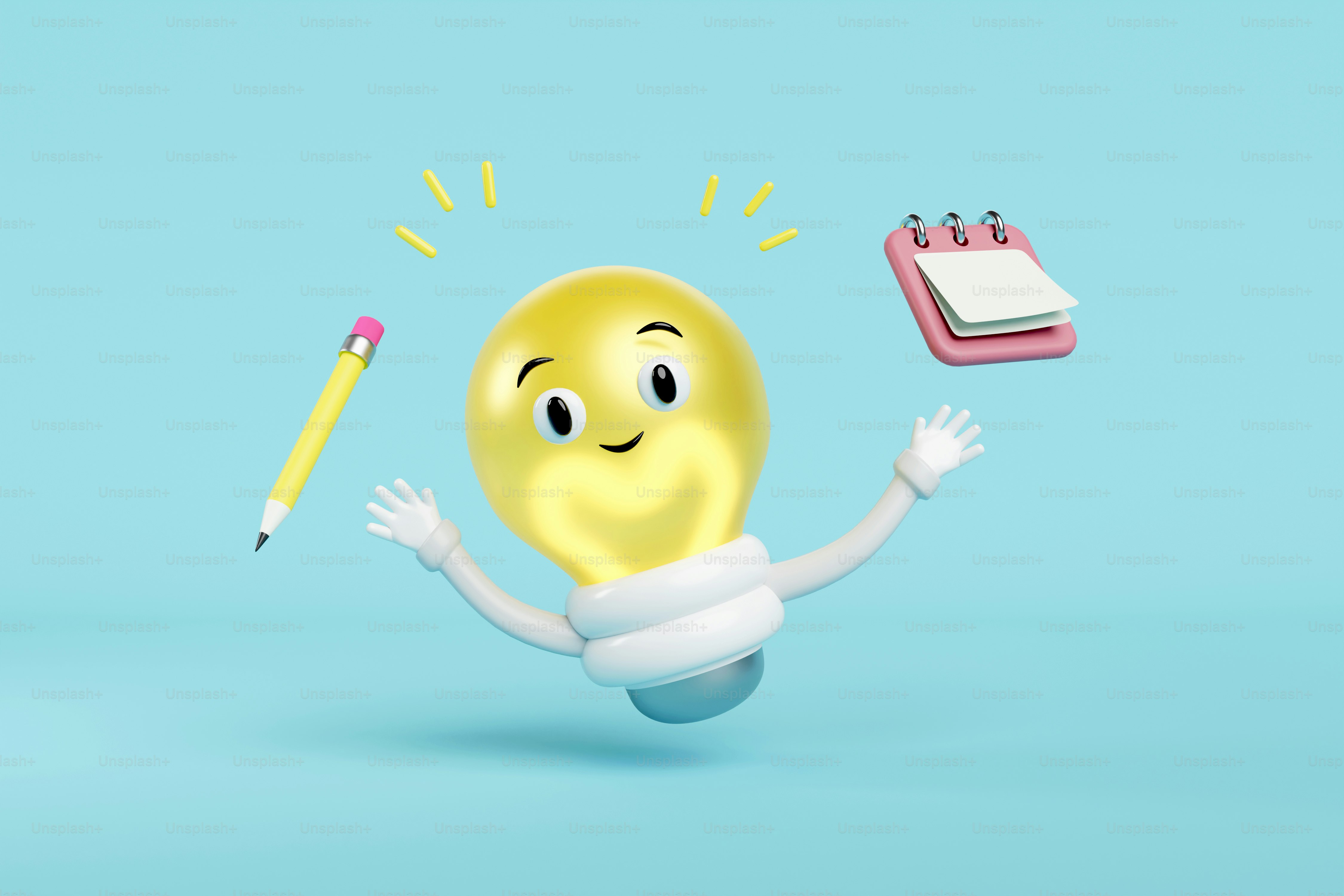 Eine gelbe Glühbirne mit Bleistift und Notizblock