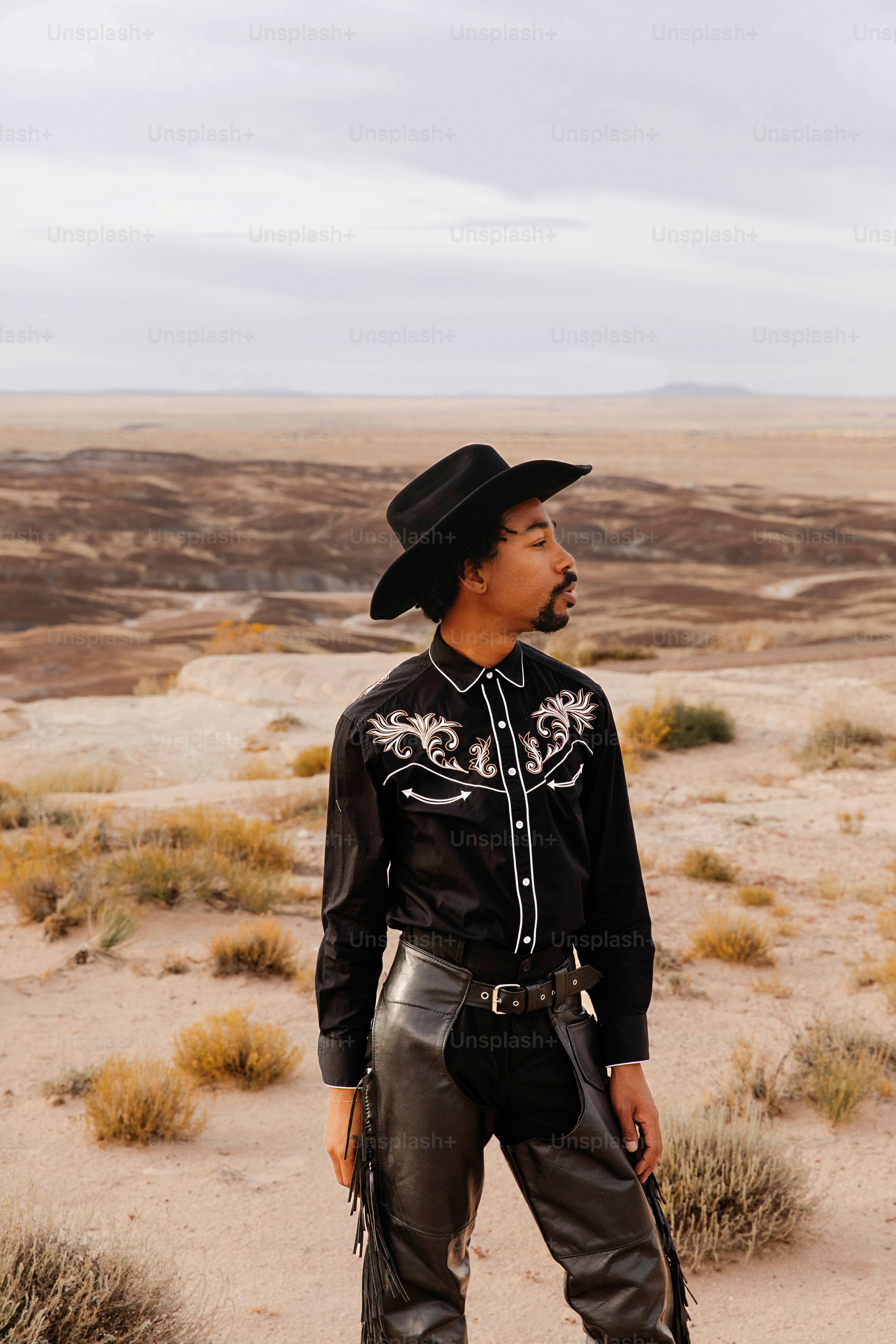 A man wearing a cowboy hat standing in the desert