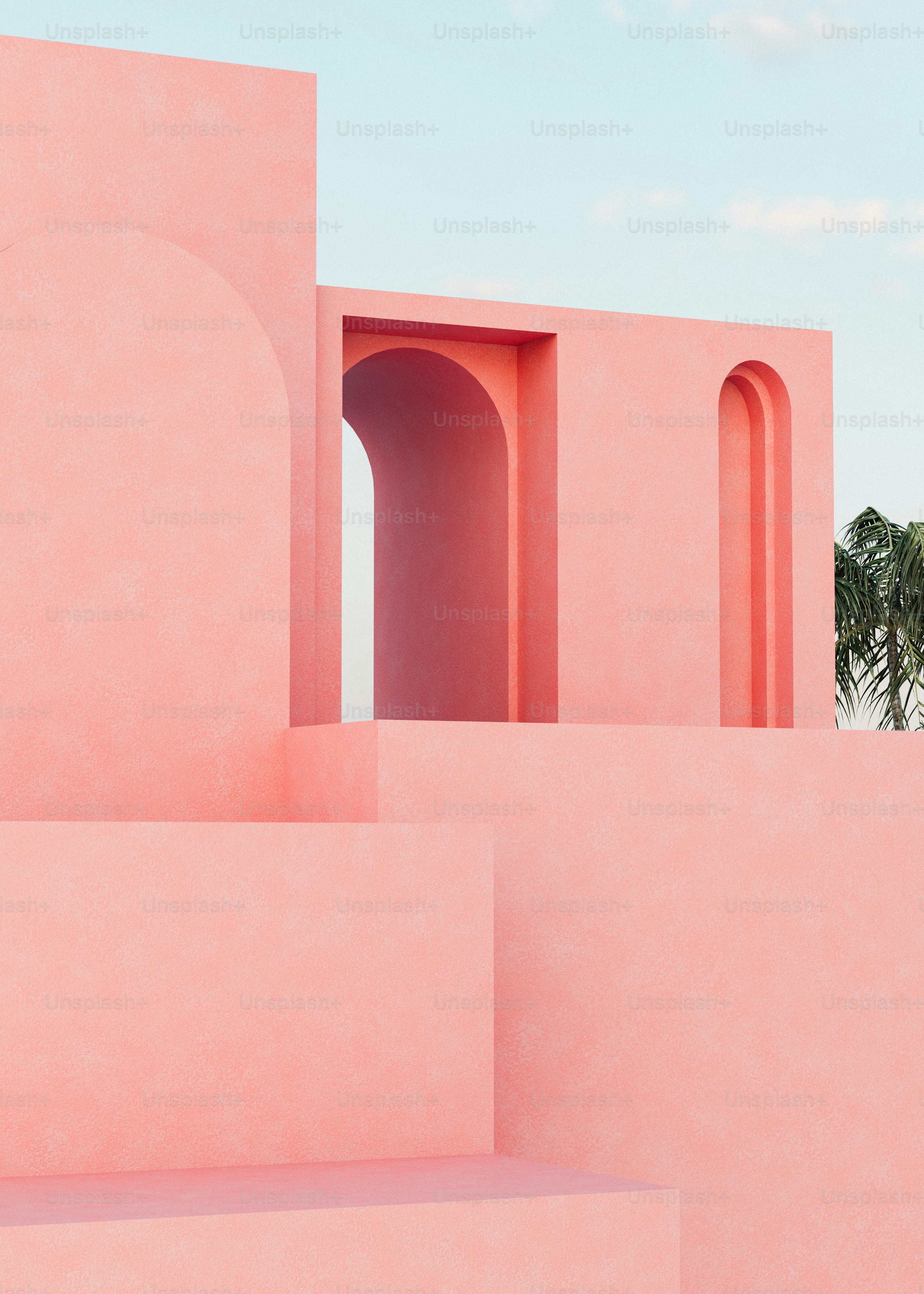 A pink building with a palm tree in the background photo – Building ...