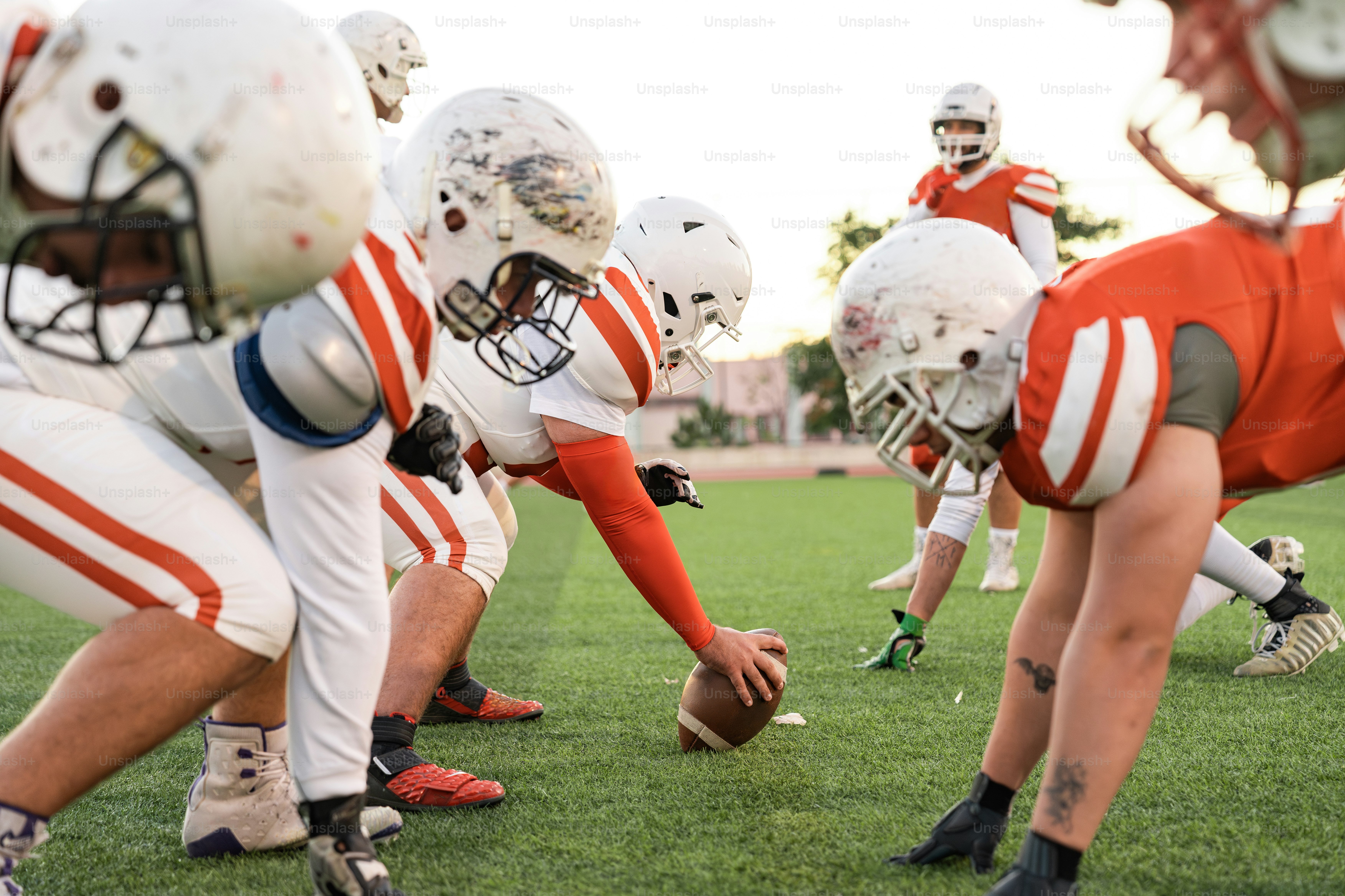 A group of young men playing a game of football
