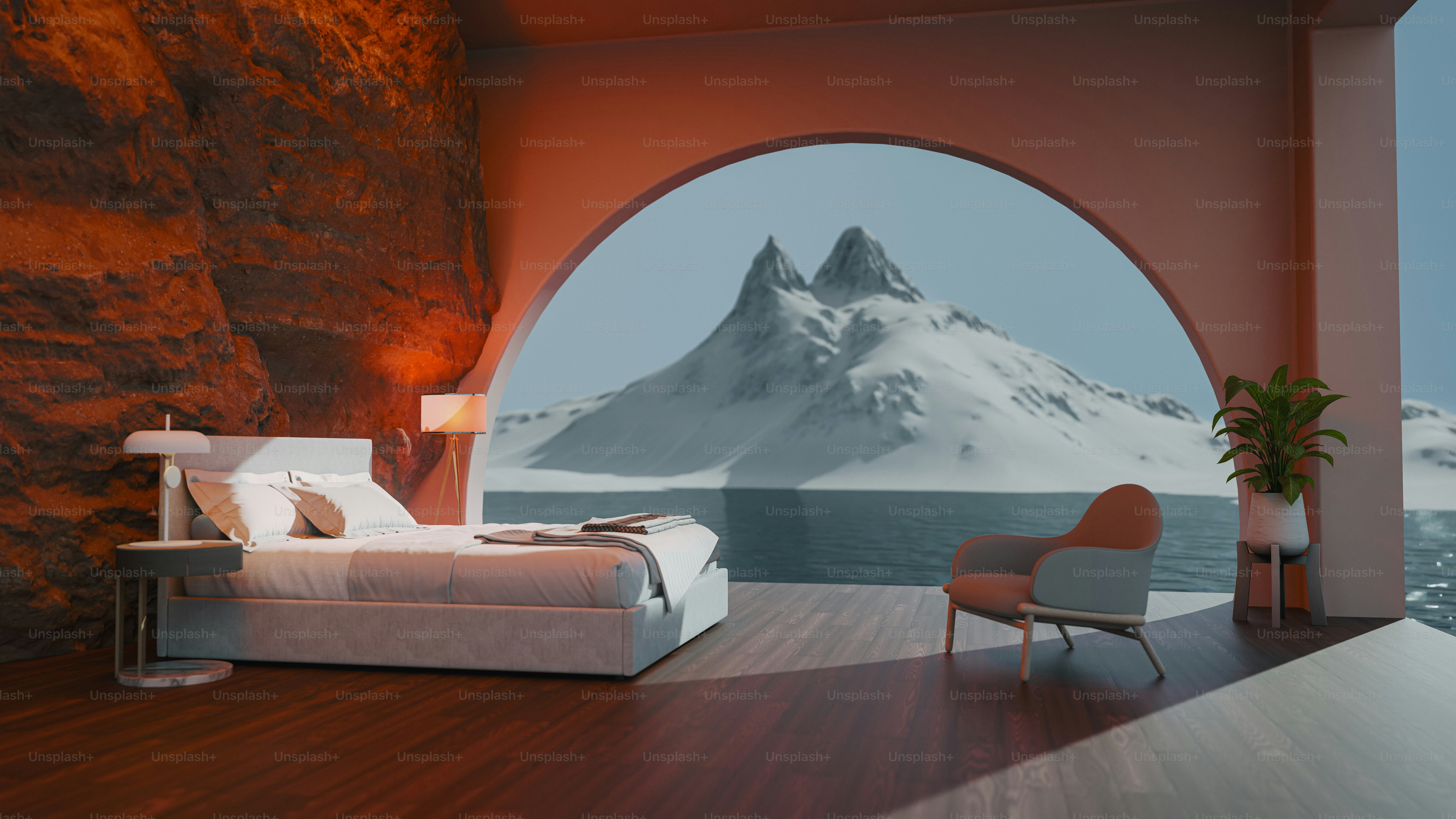 A room with a bed and a chair in it