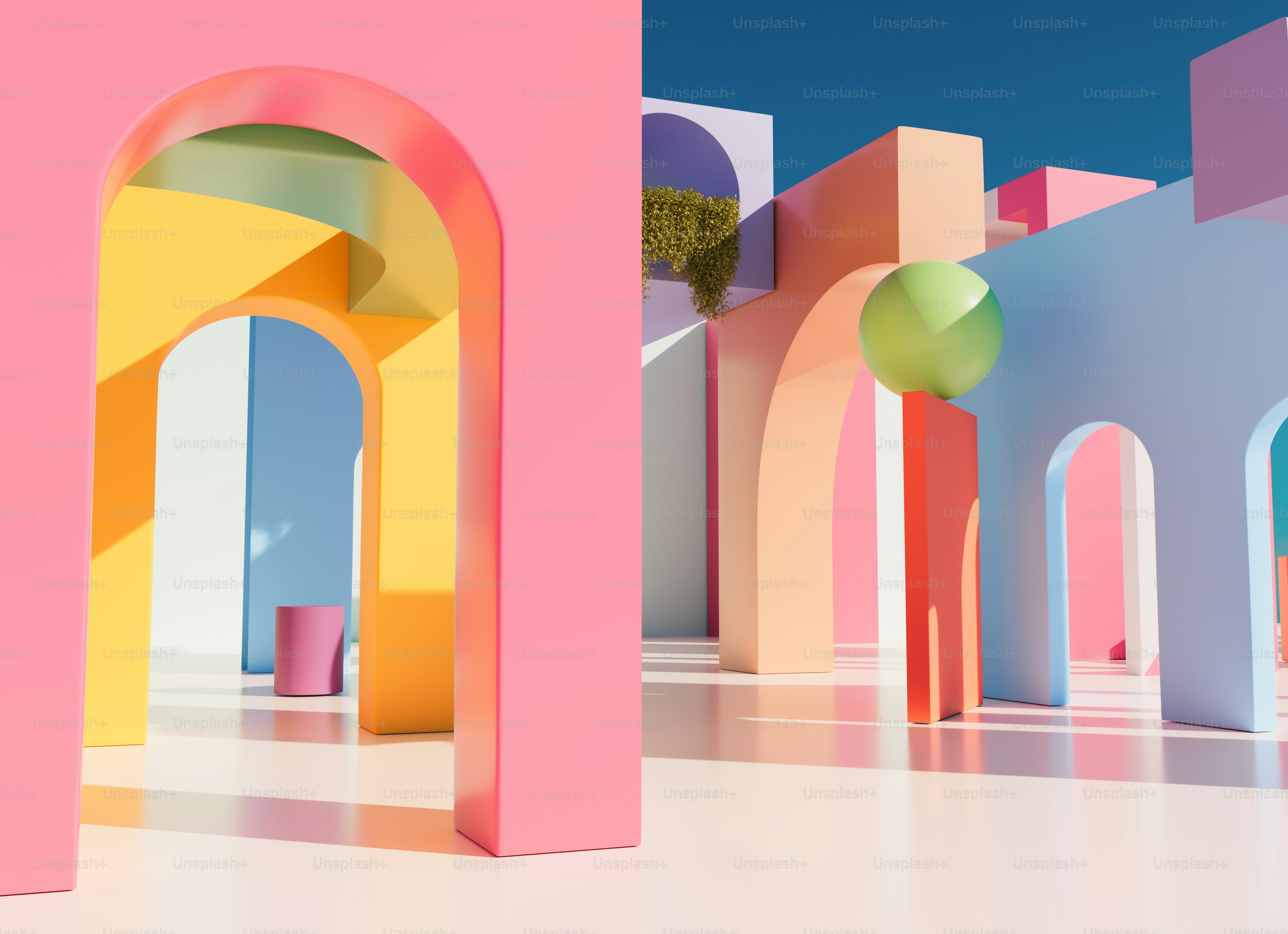 Un edificio rosa, amarillo y azul con arcos y arcos