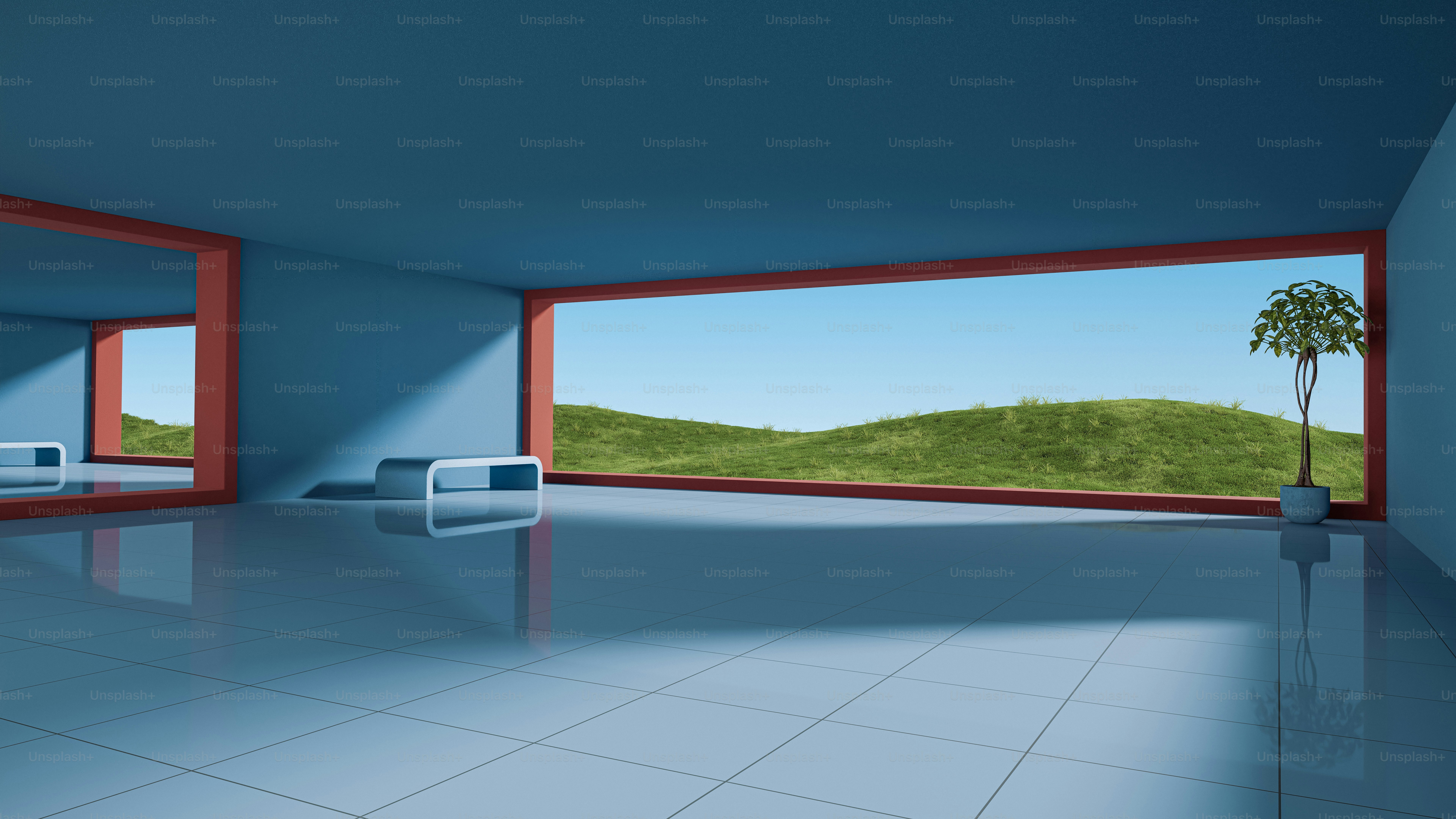 A room with a large window and a plant in it