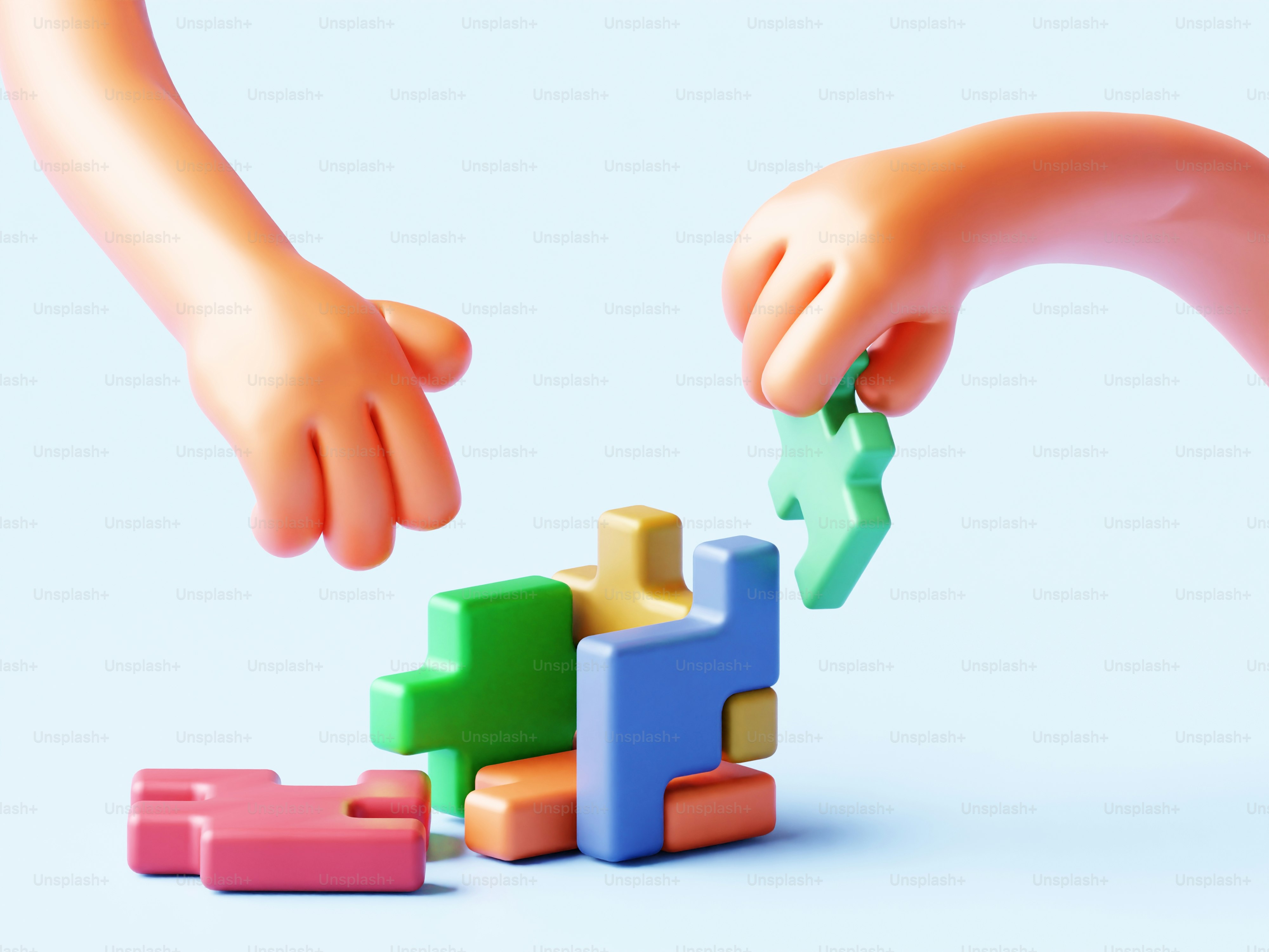 A child's hand is placing a toy in a pile of blocks