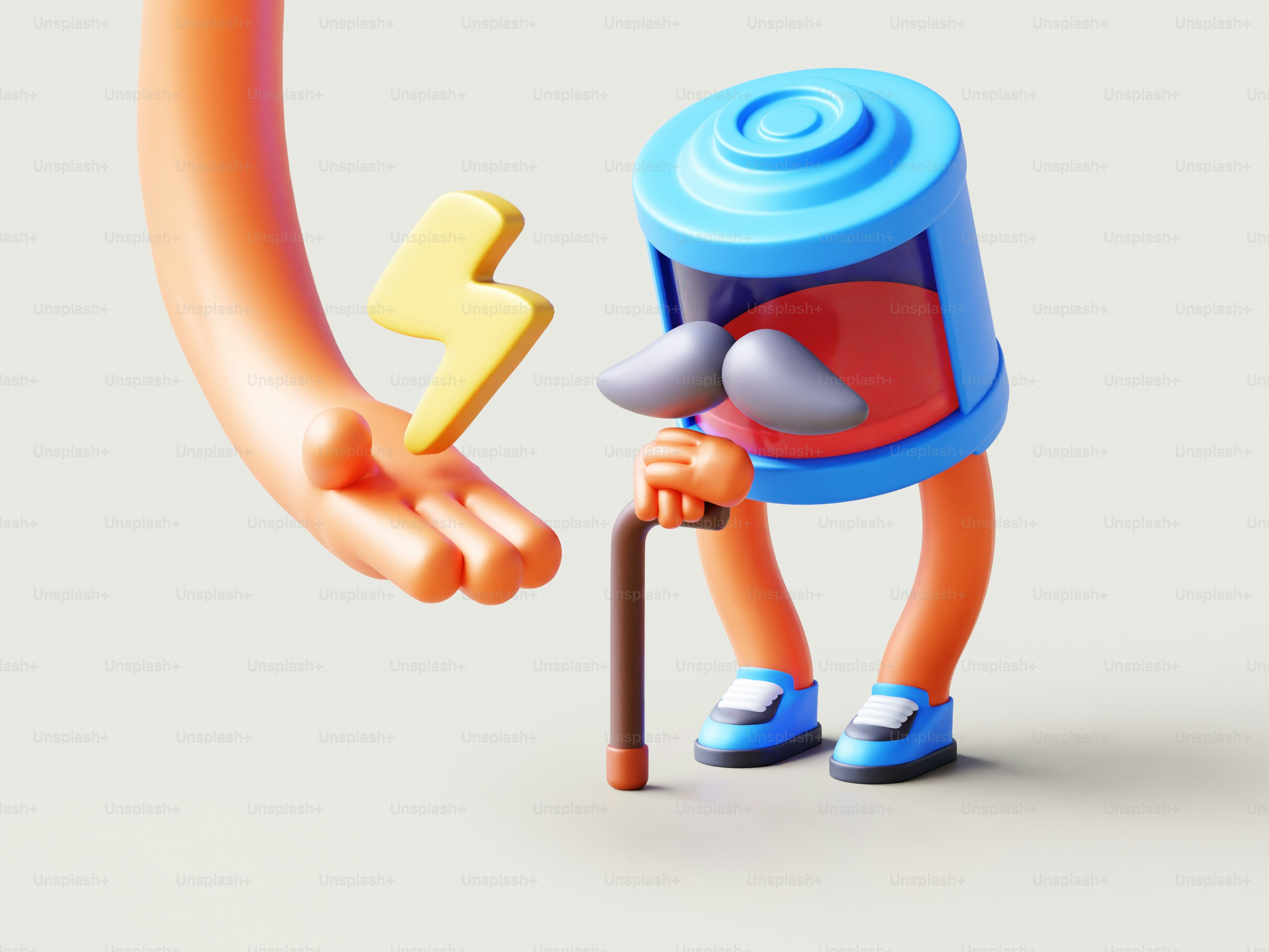 A cartoon character holding a stick and a hat