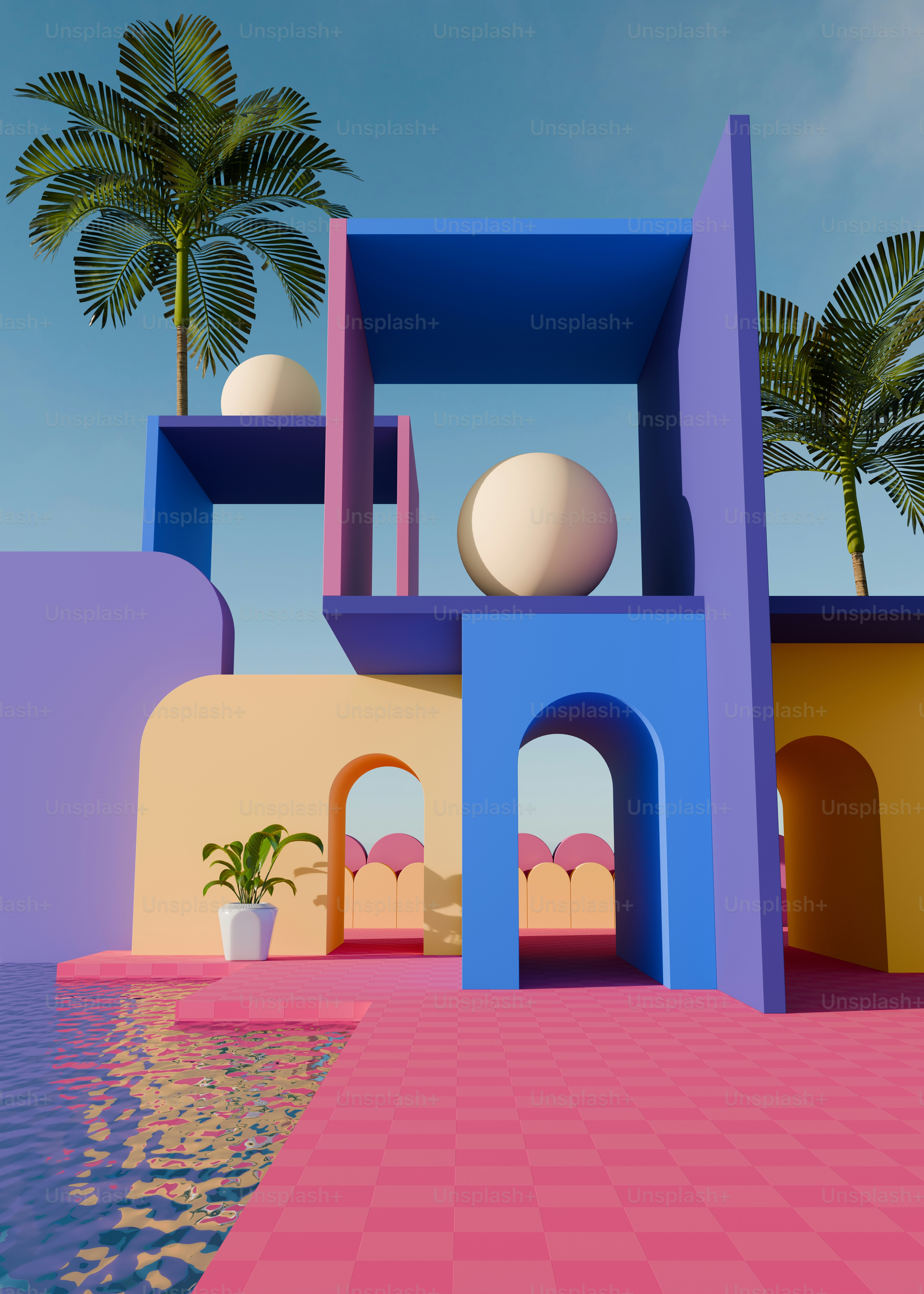 A 3D rendering of a house with a pool and palm trees