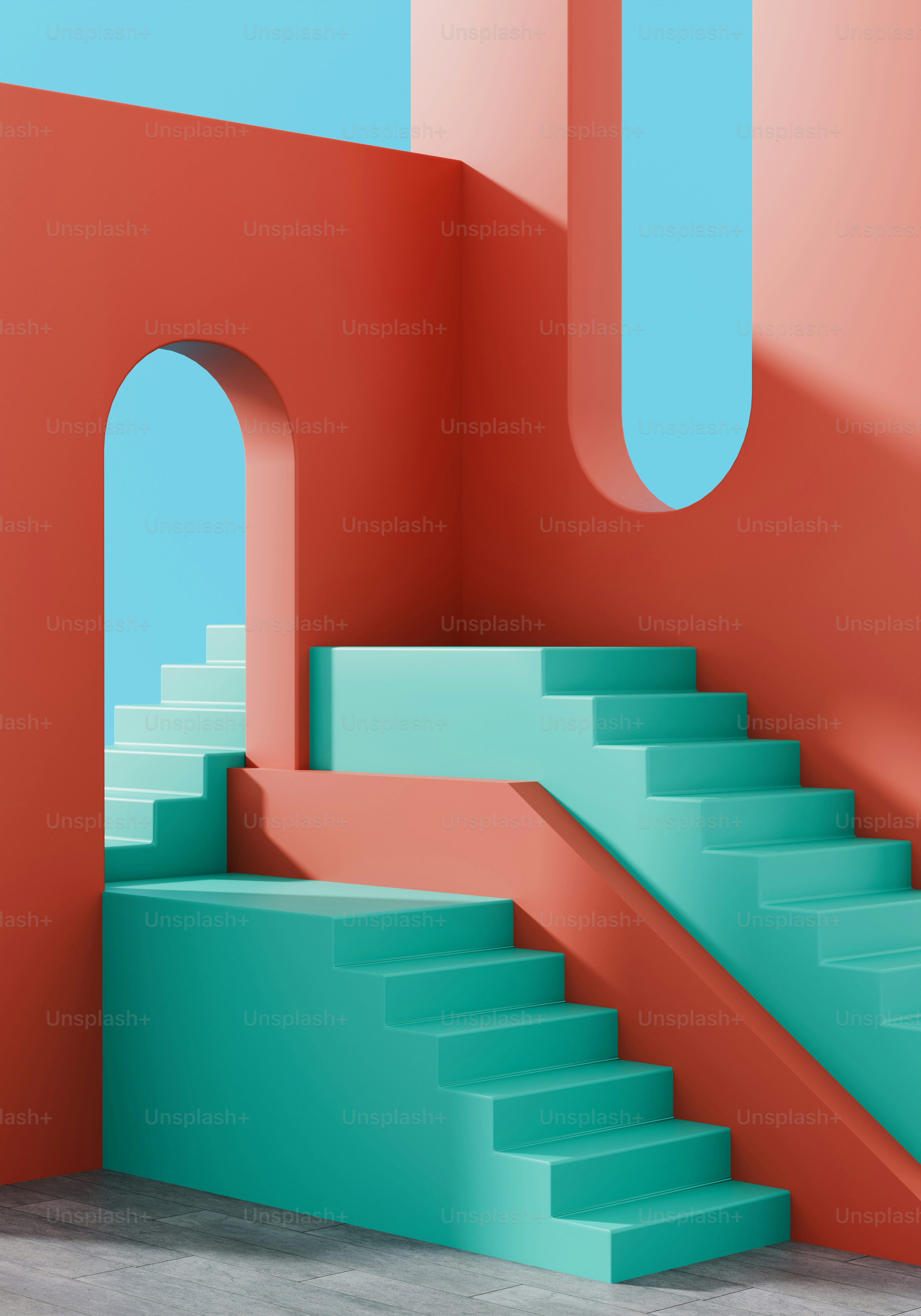 Eine Treppe, die zu einer roten Wand führt