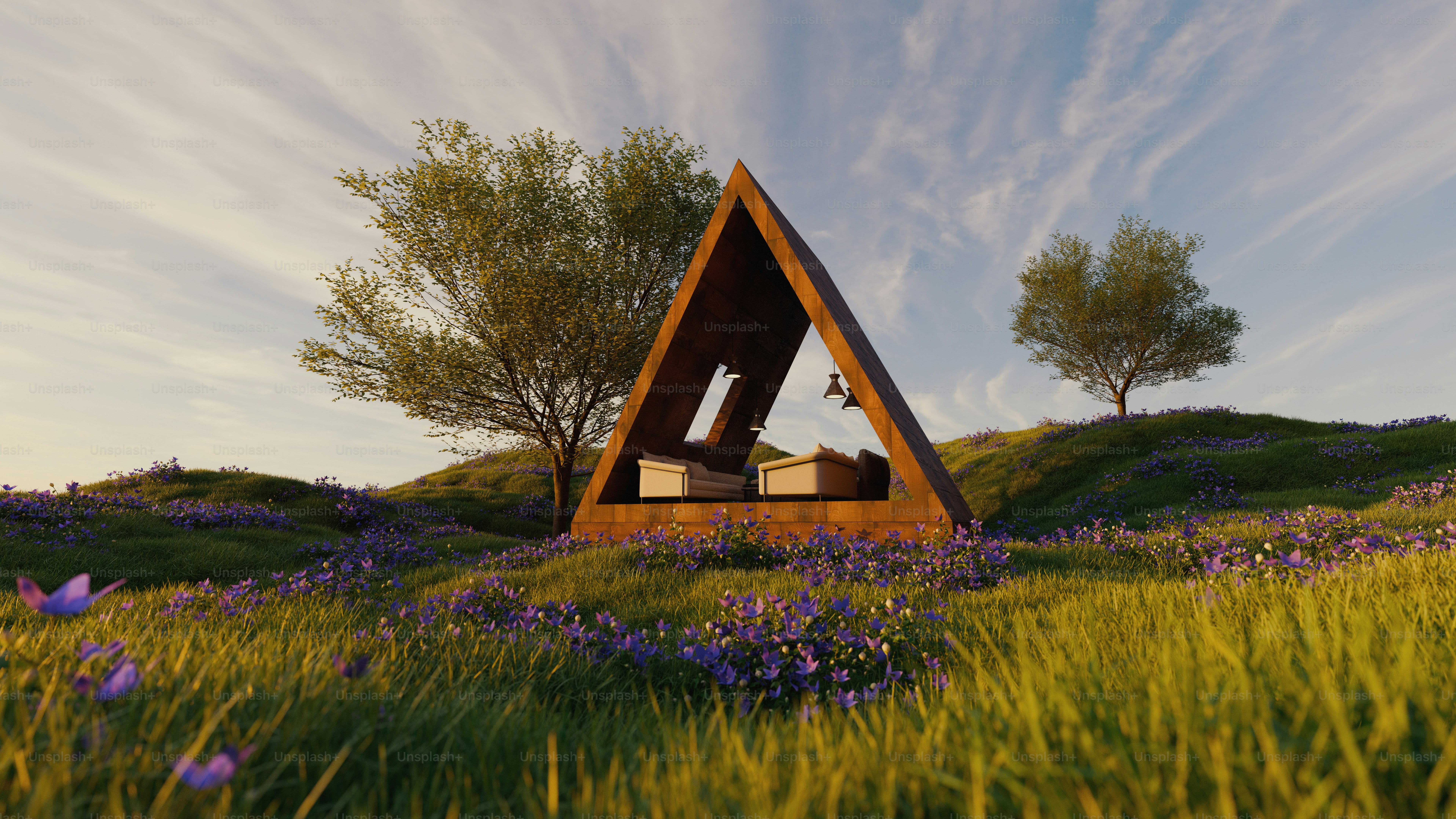 A computer generated image of a house in the middle of a field