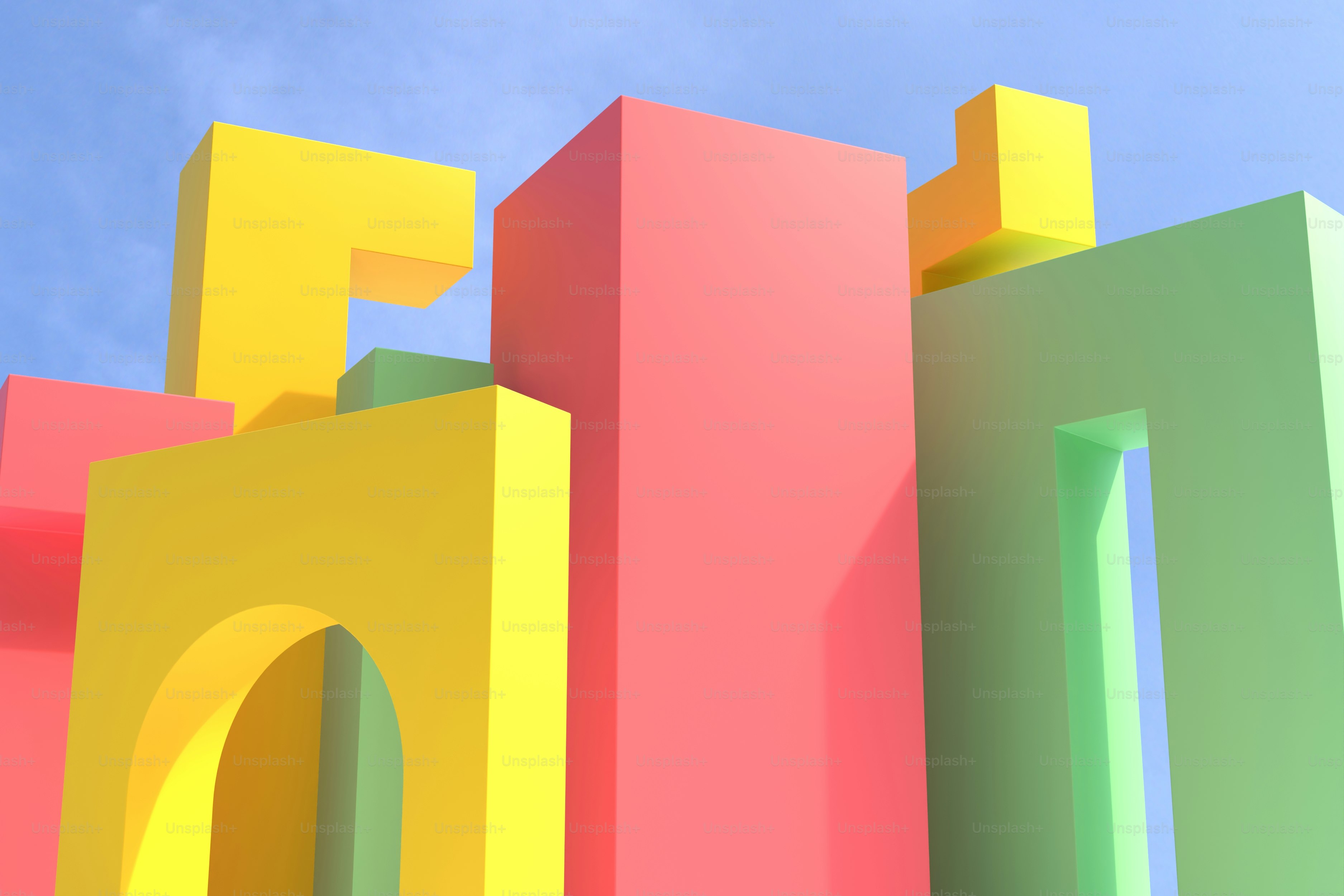 A multicolored building with a blue sky in the background