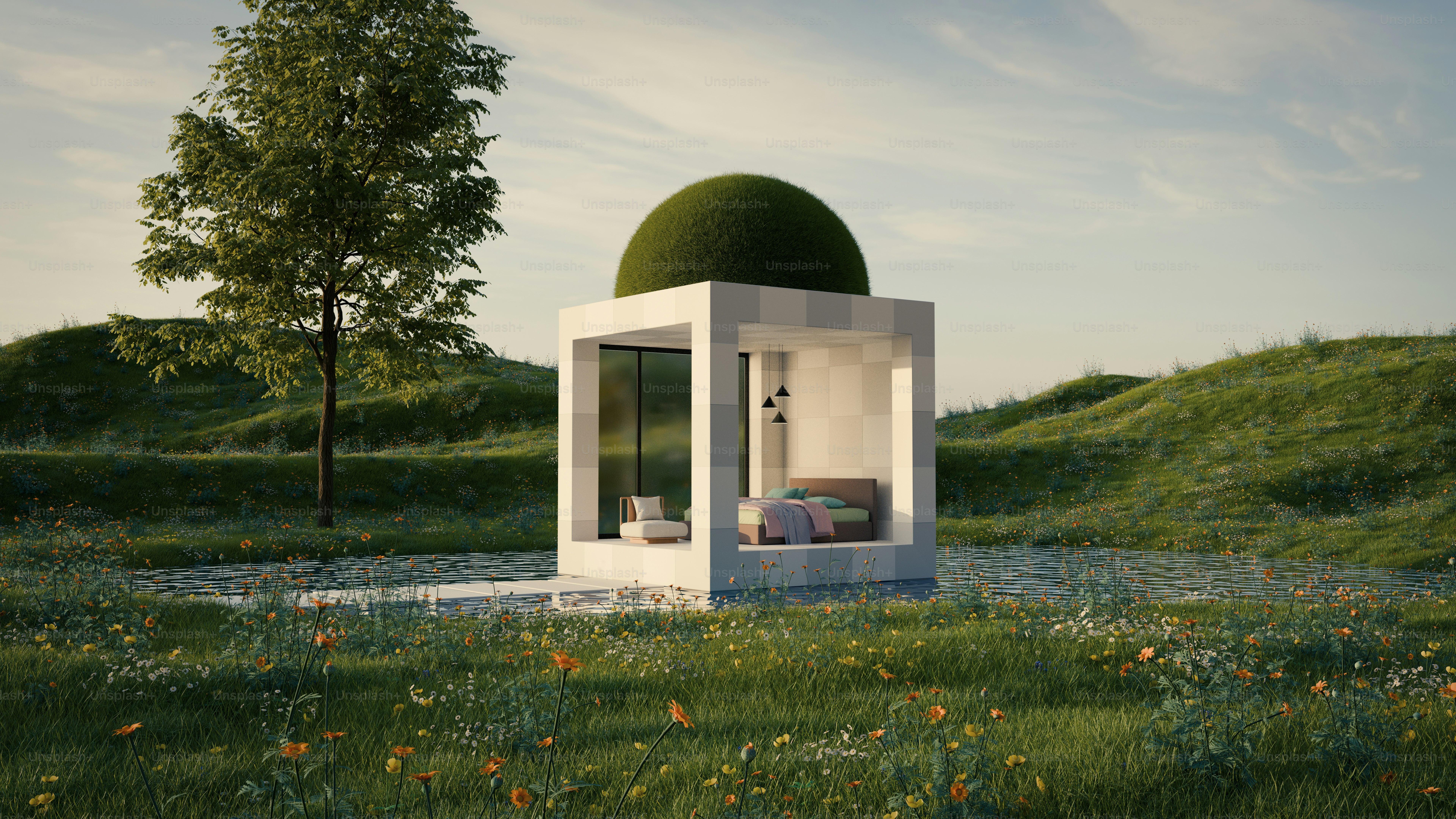 A small white structure in a grassy field
