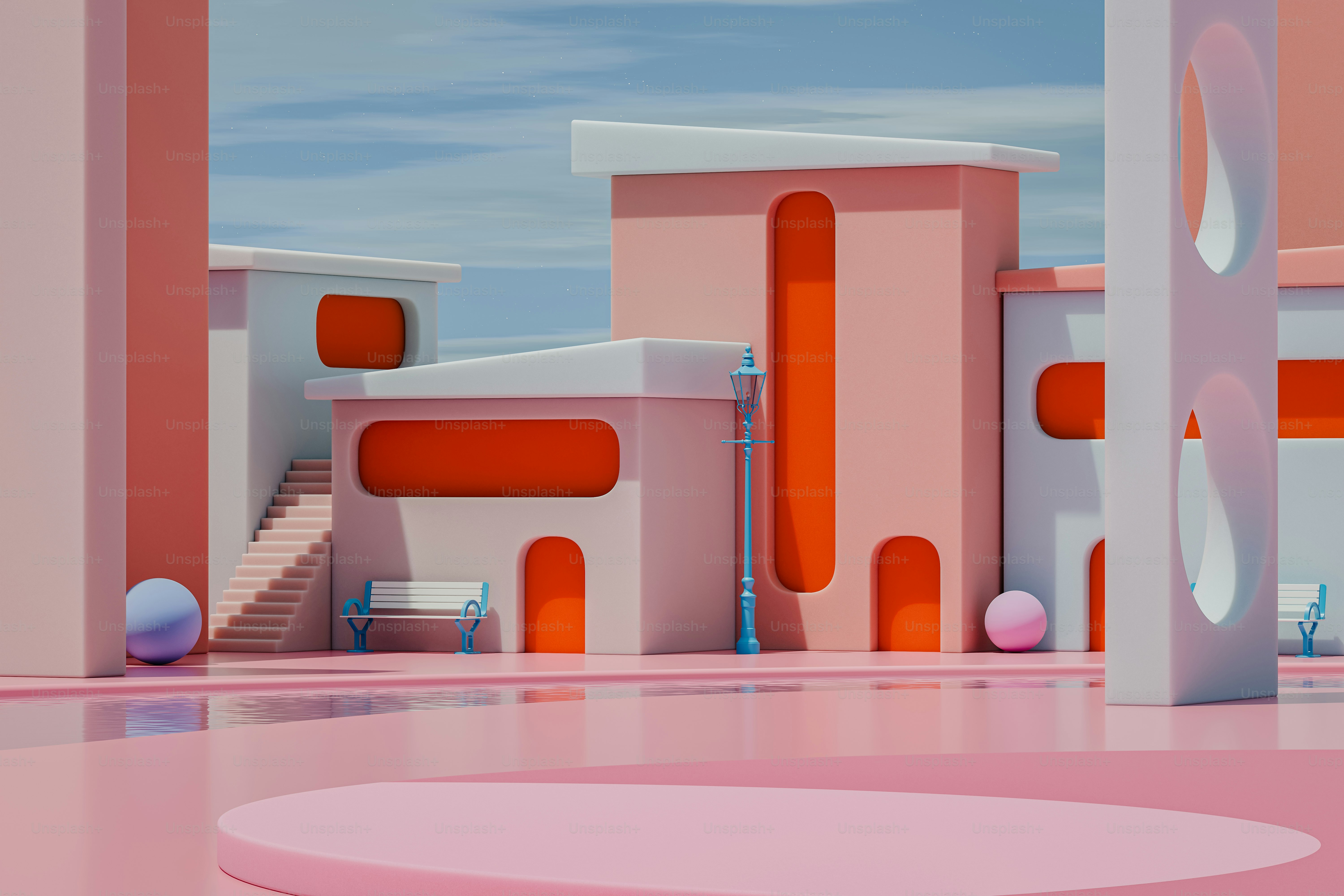 A 3D rendering of a pink and orange building