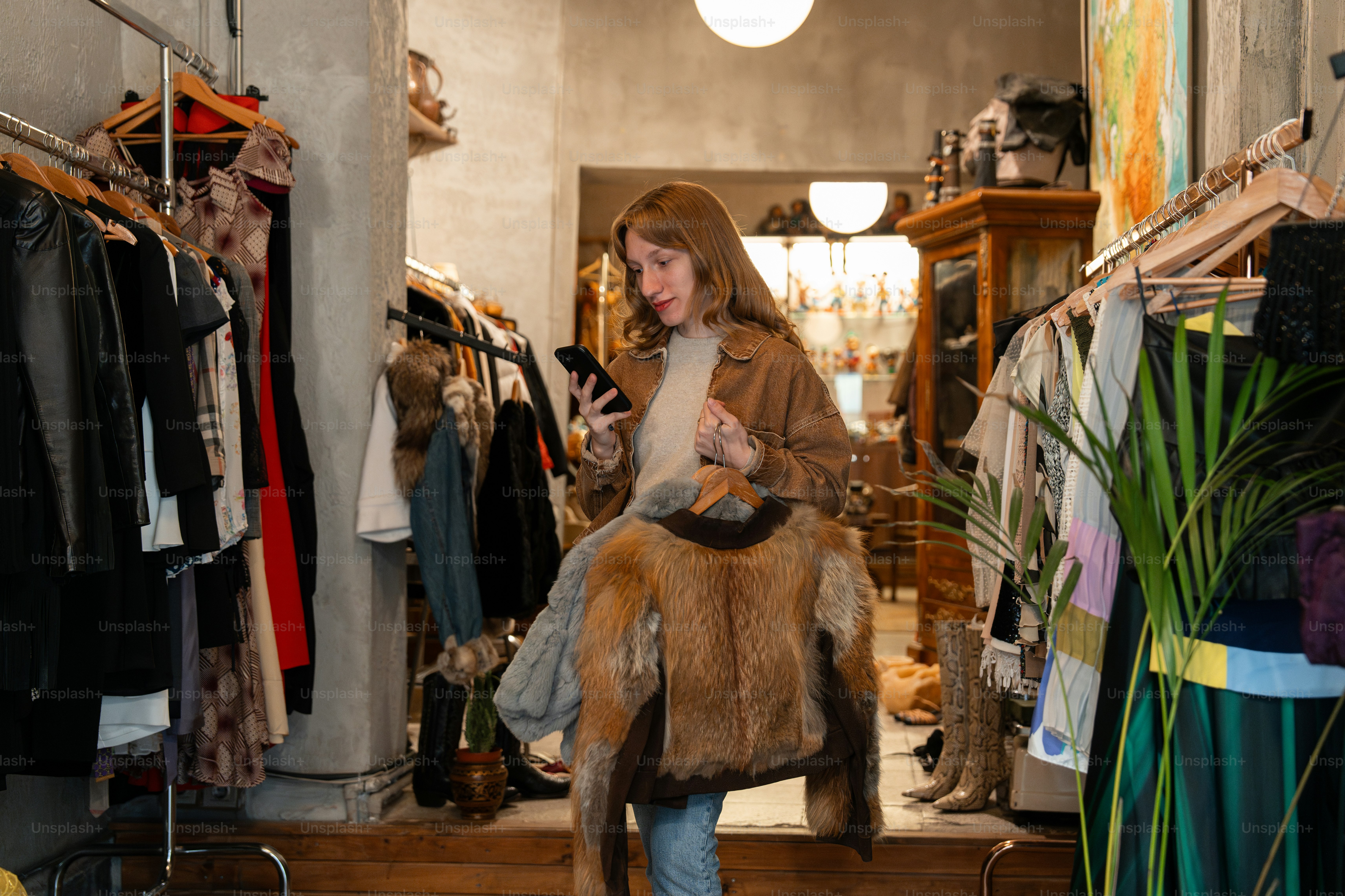 A woman is walking through a clothing store
