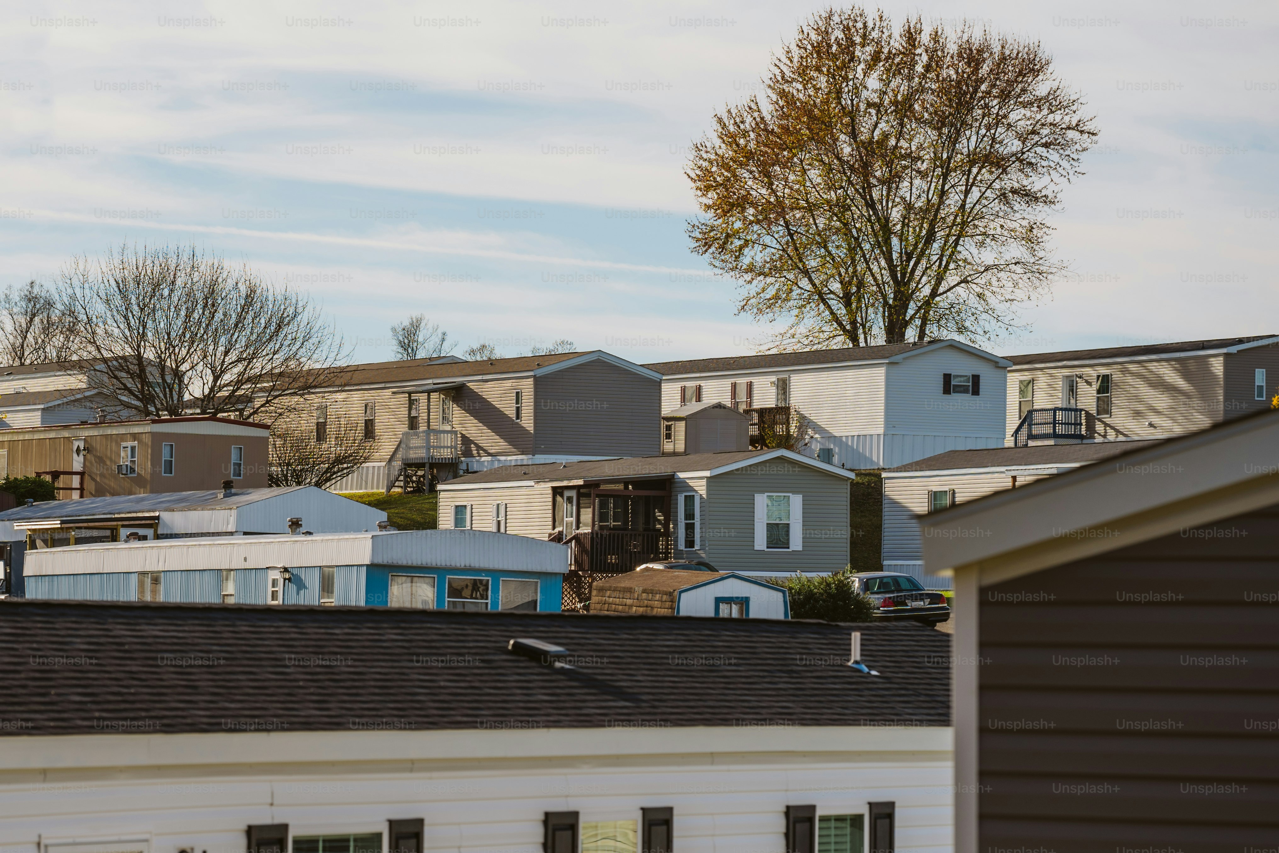 A view of a neighborhood with houses in the background