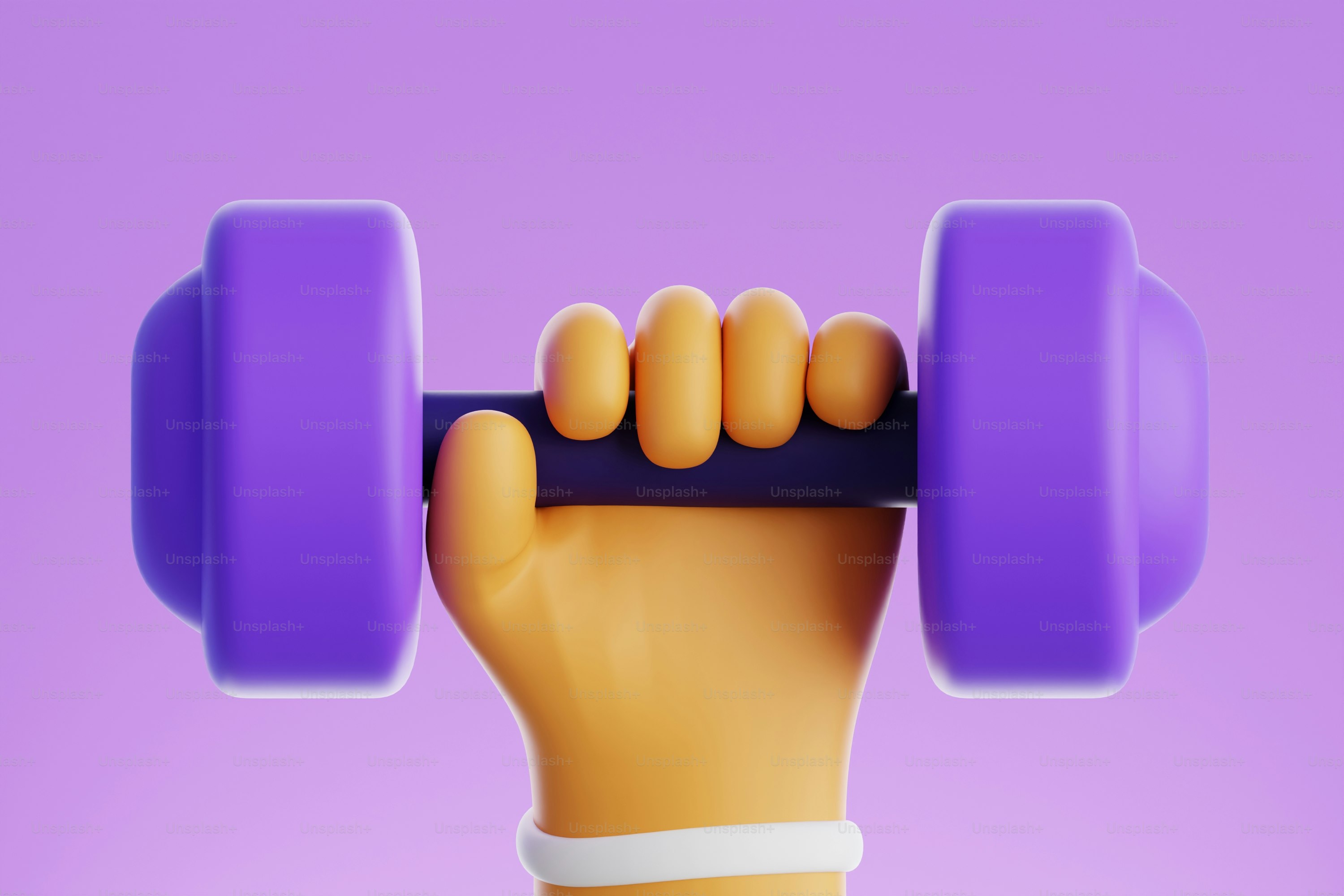 A toy hand holding a purple dumbbell