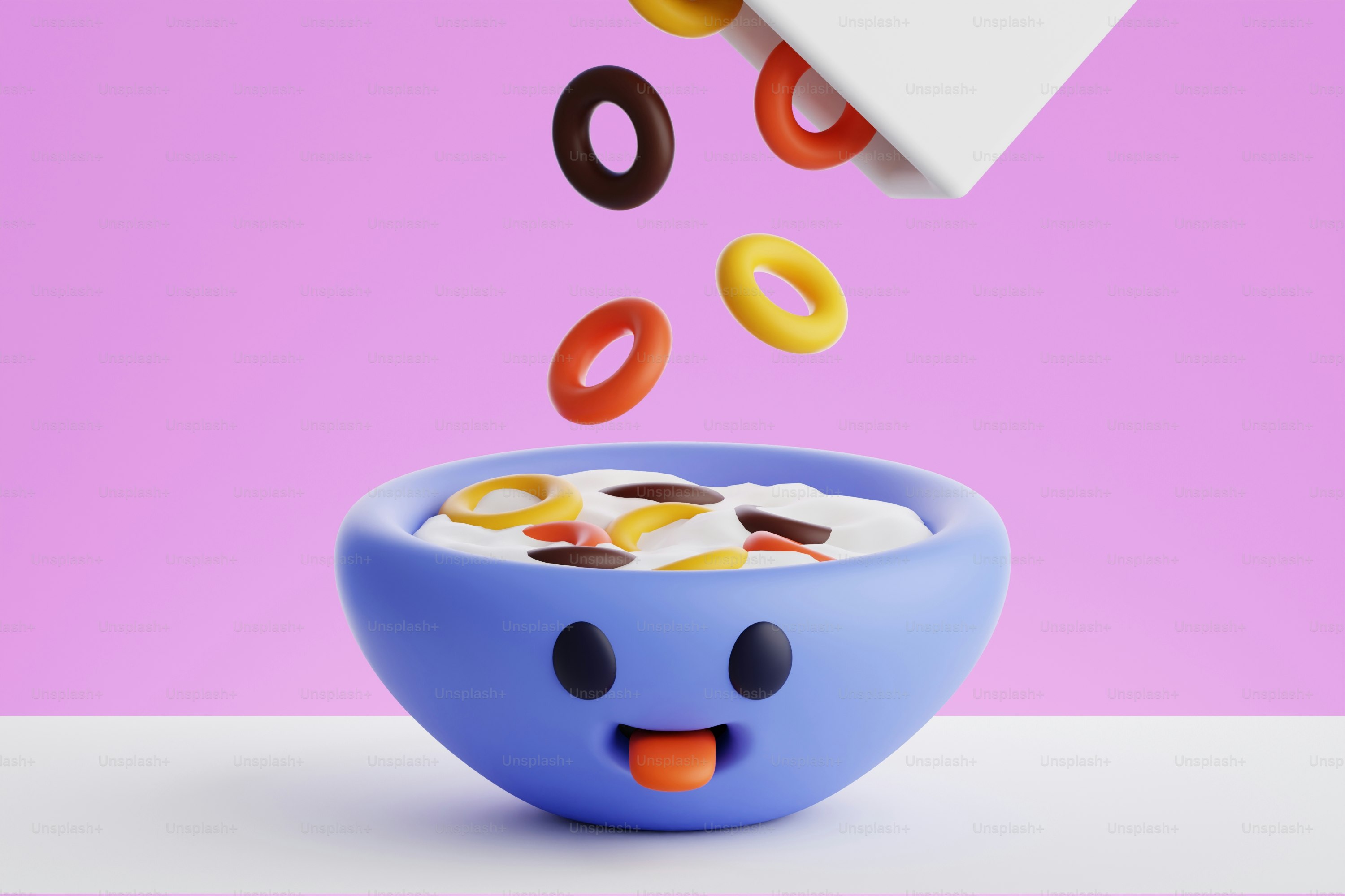 A cereal bowl with cereal falling out of it