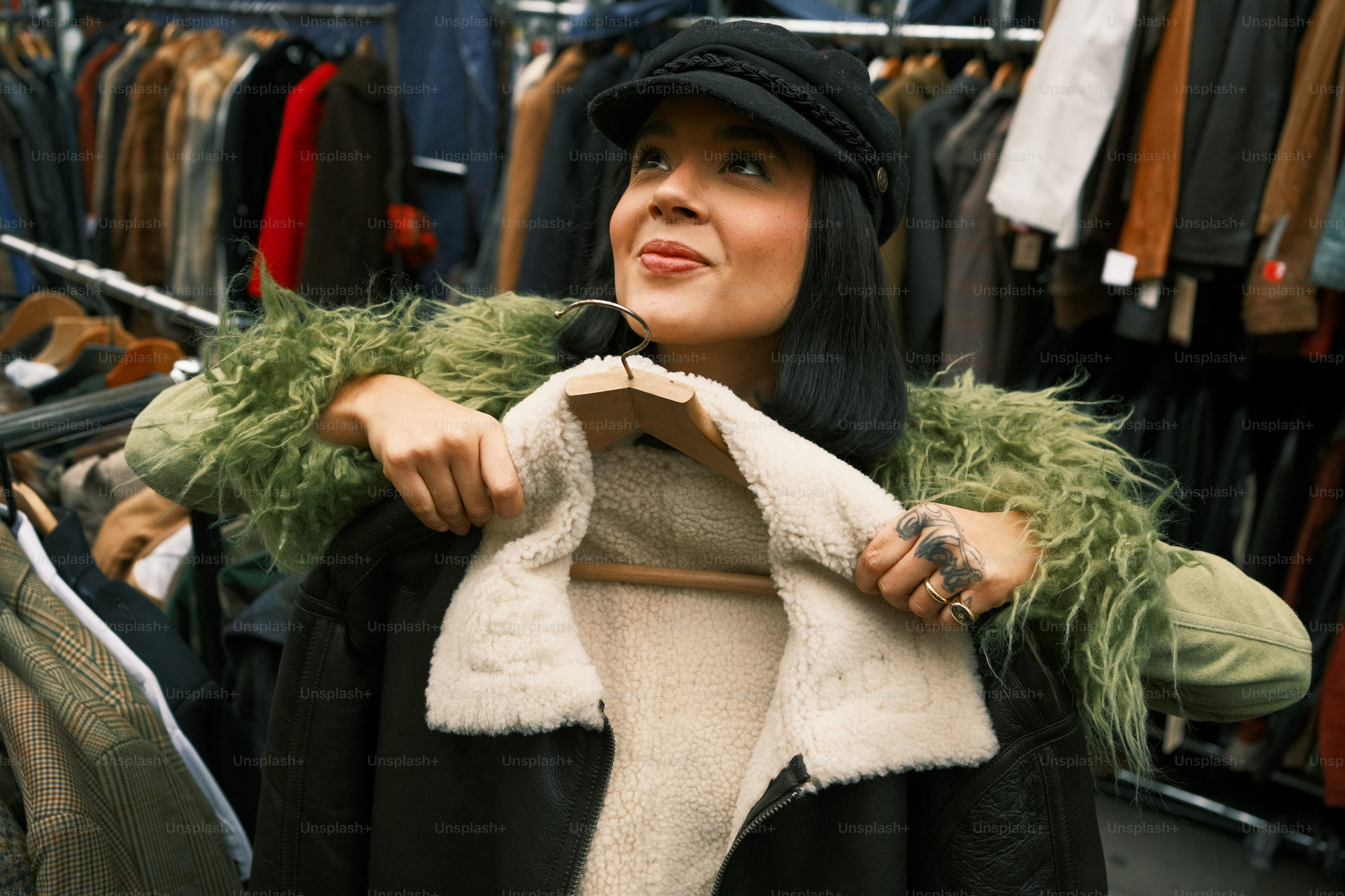 A woman standing in front of a rack of clothes