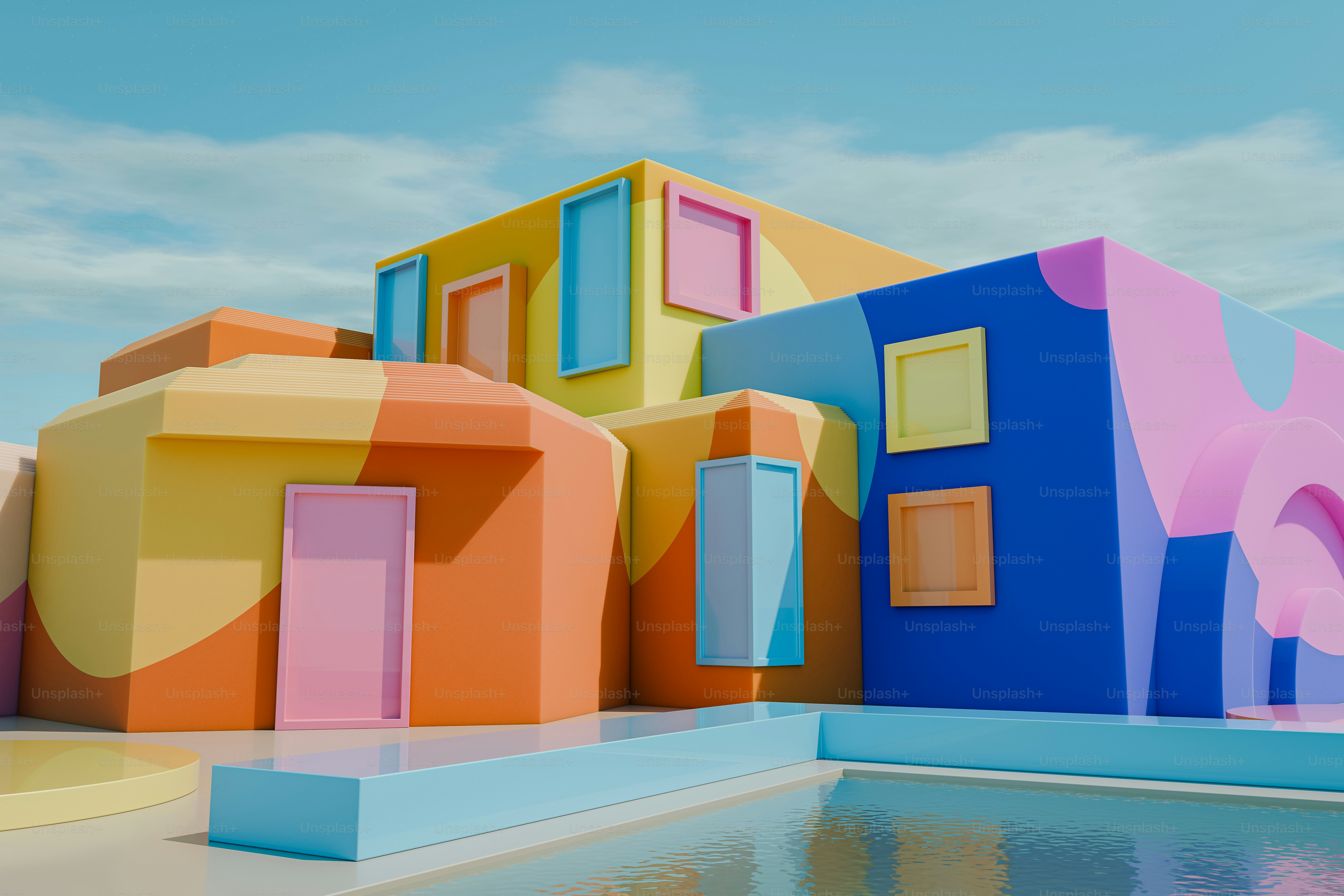 A colorful building with a pool in front of it