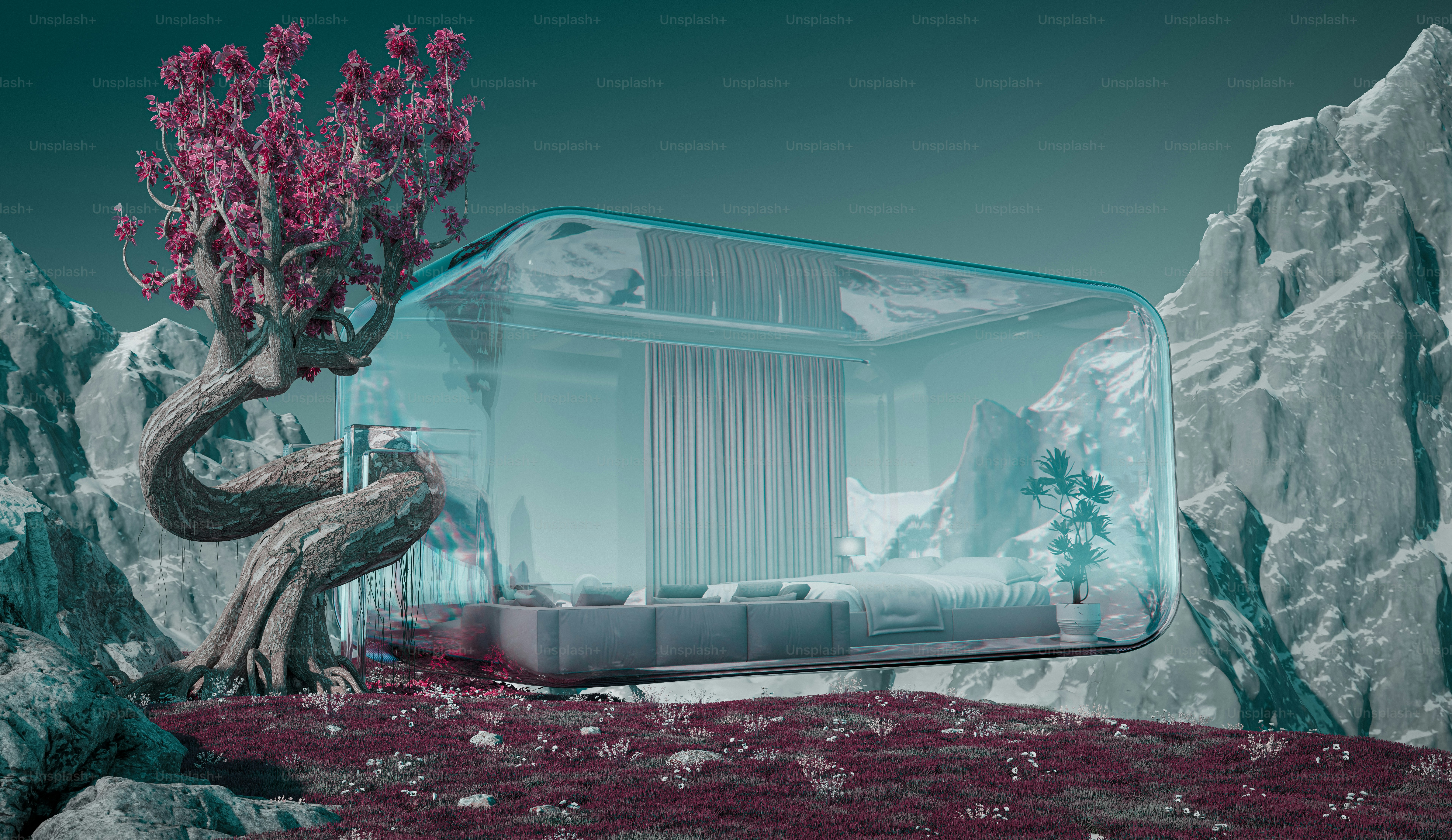 A computer generated image of a house in the mountains