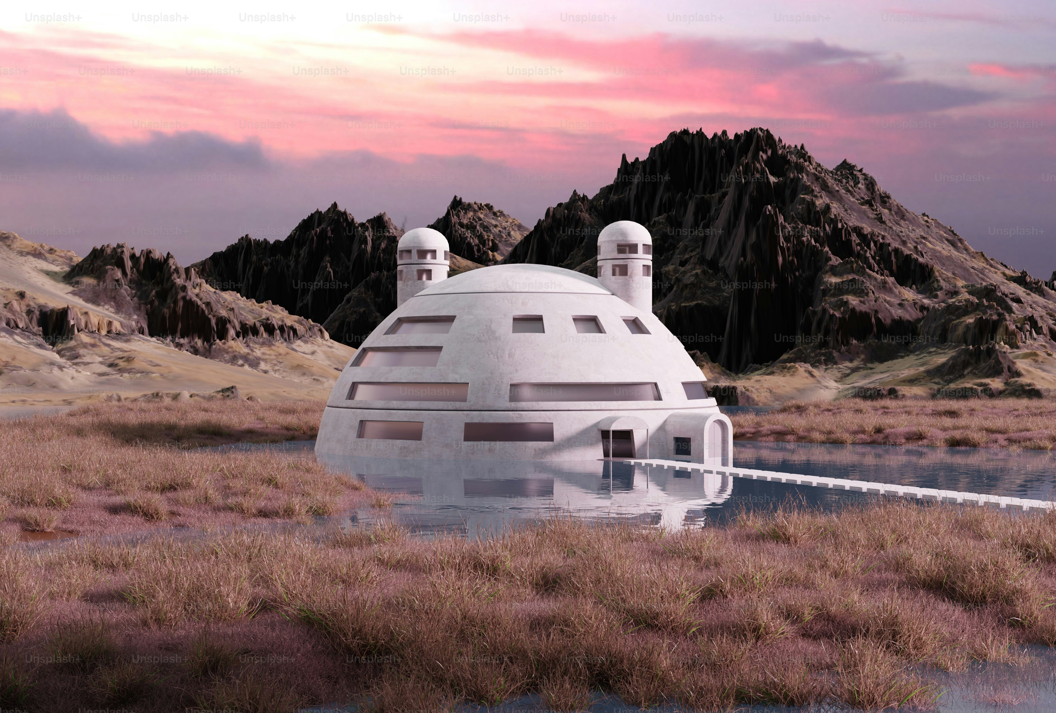 Una casa flotante futurista en medio del desierto
